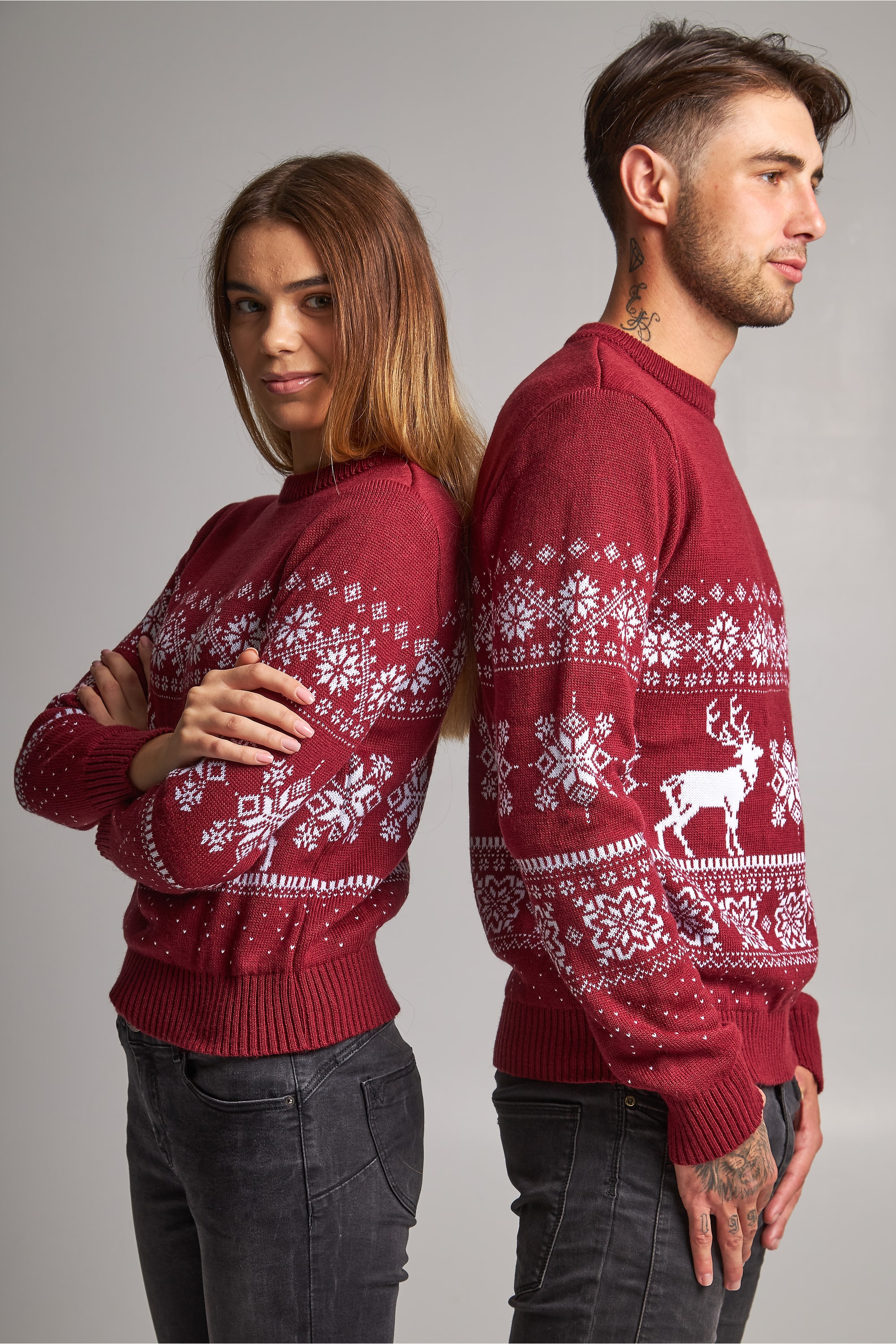 Family knitted Christmas sweaters snowflakes with deer burgundy