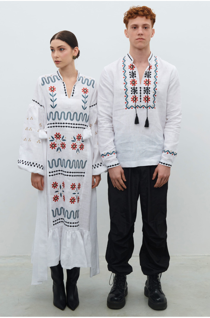 Men's shirt and long embroidered white silk dress Rozkvyt