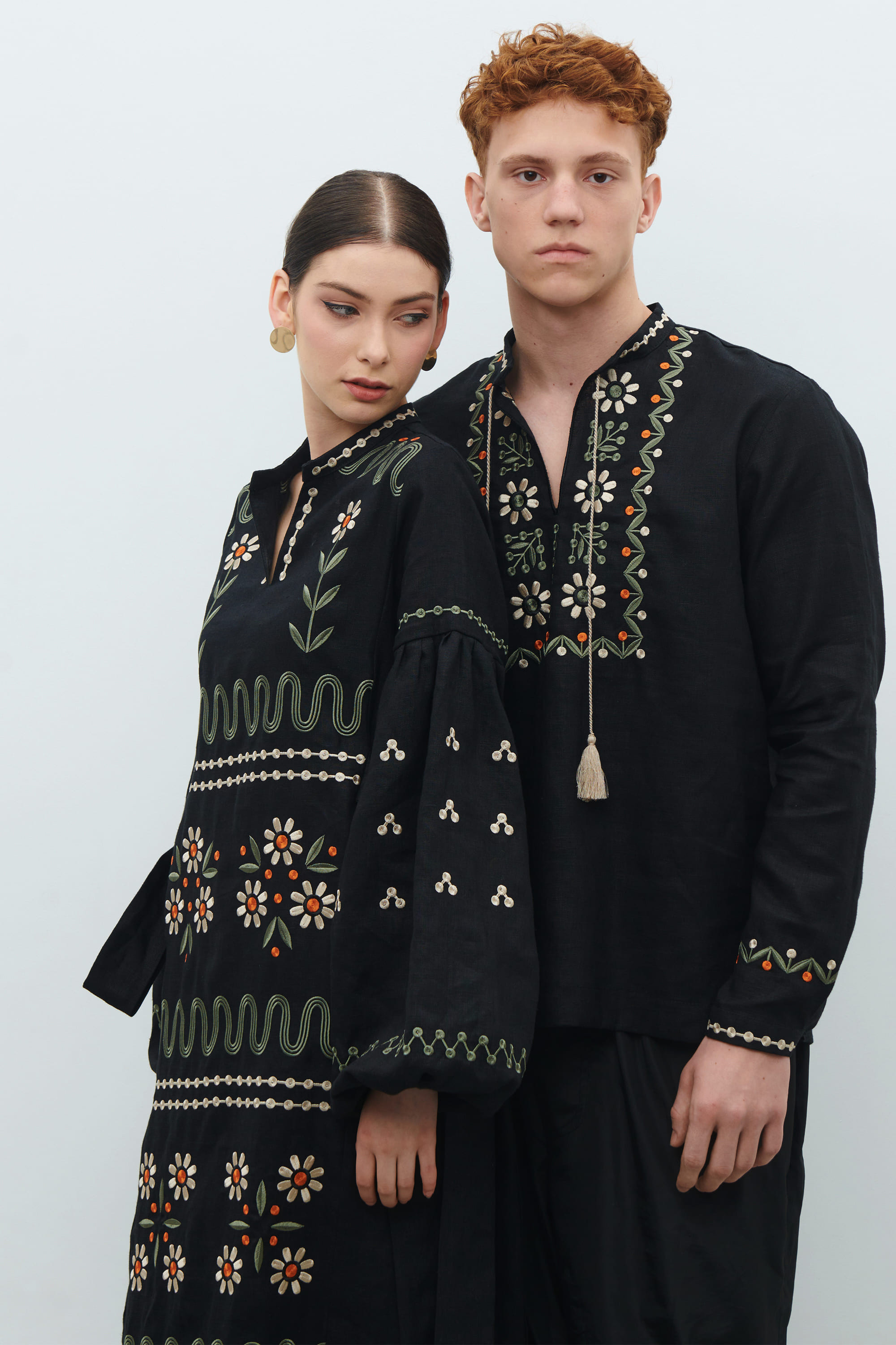 Rozkvyt men's embroidered jacket and long embroidered black silk dress