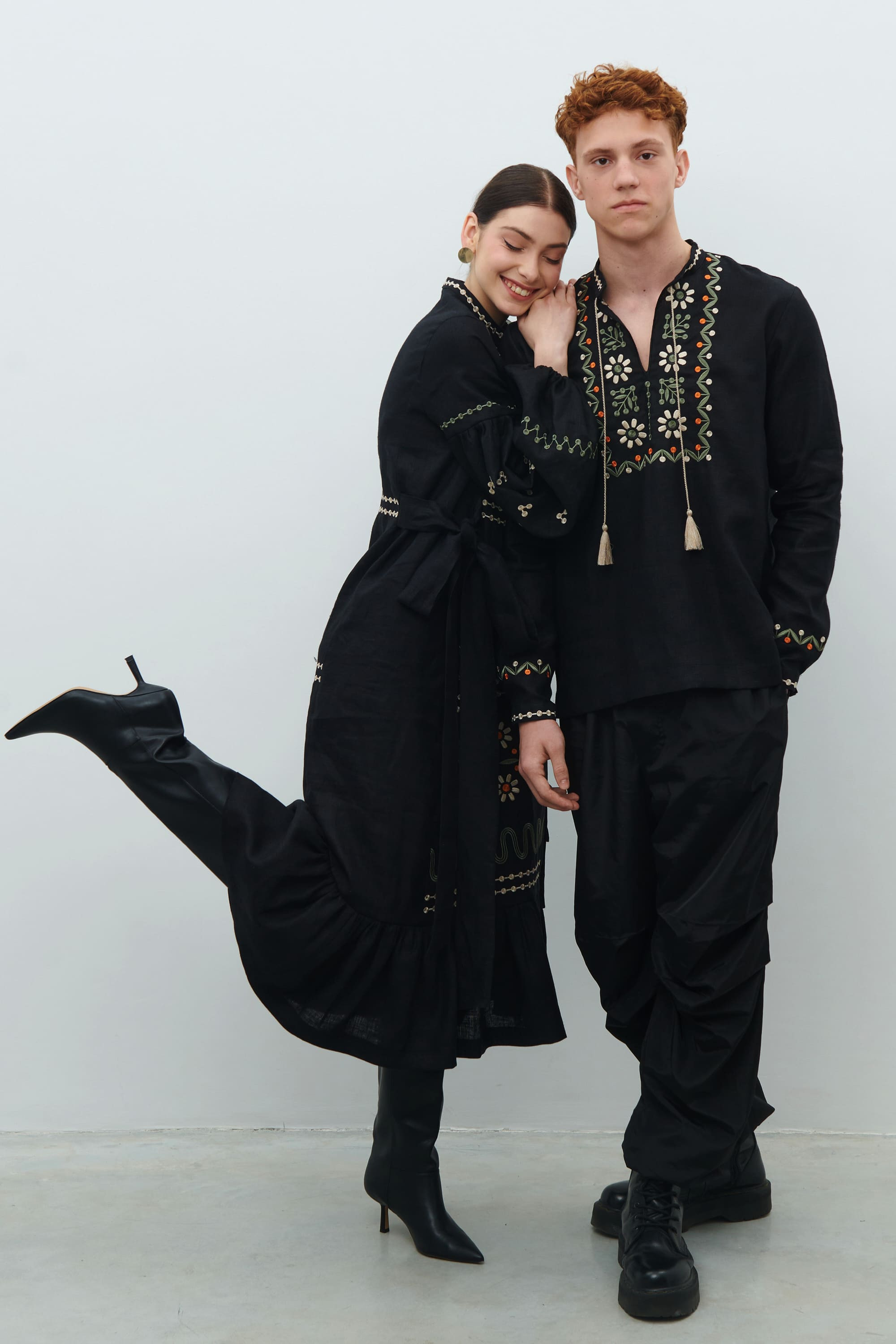 Rozkvyt men's embroidered jacket and long embroidered black silk dress