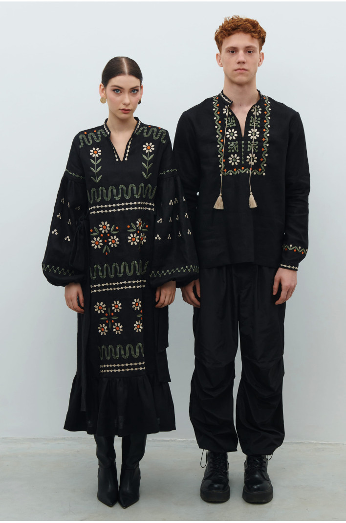 Rozkvyt men's embroidered jacket and long embroidered black silk dress