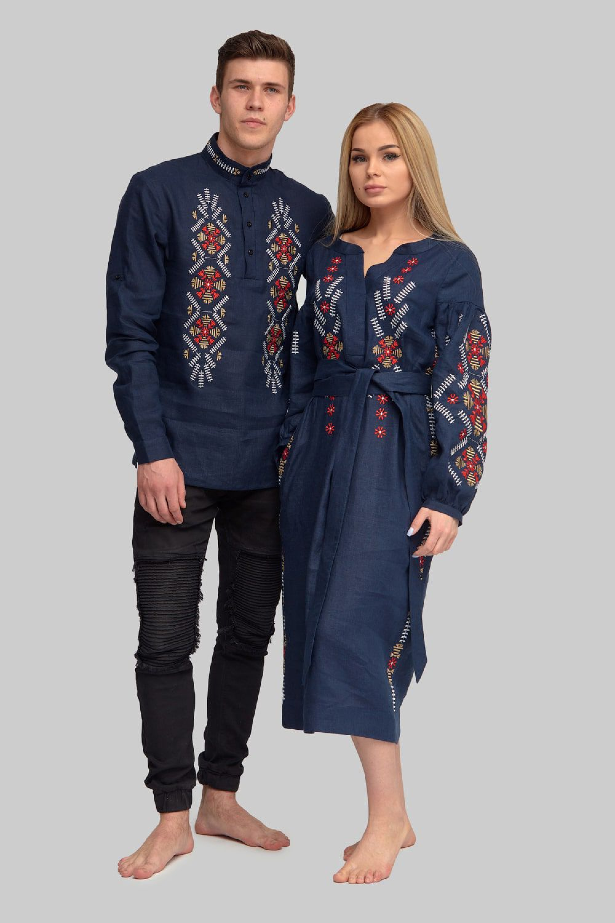 Men's embroidered shirt embroidery and female embroidered dress Navy