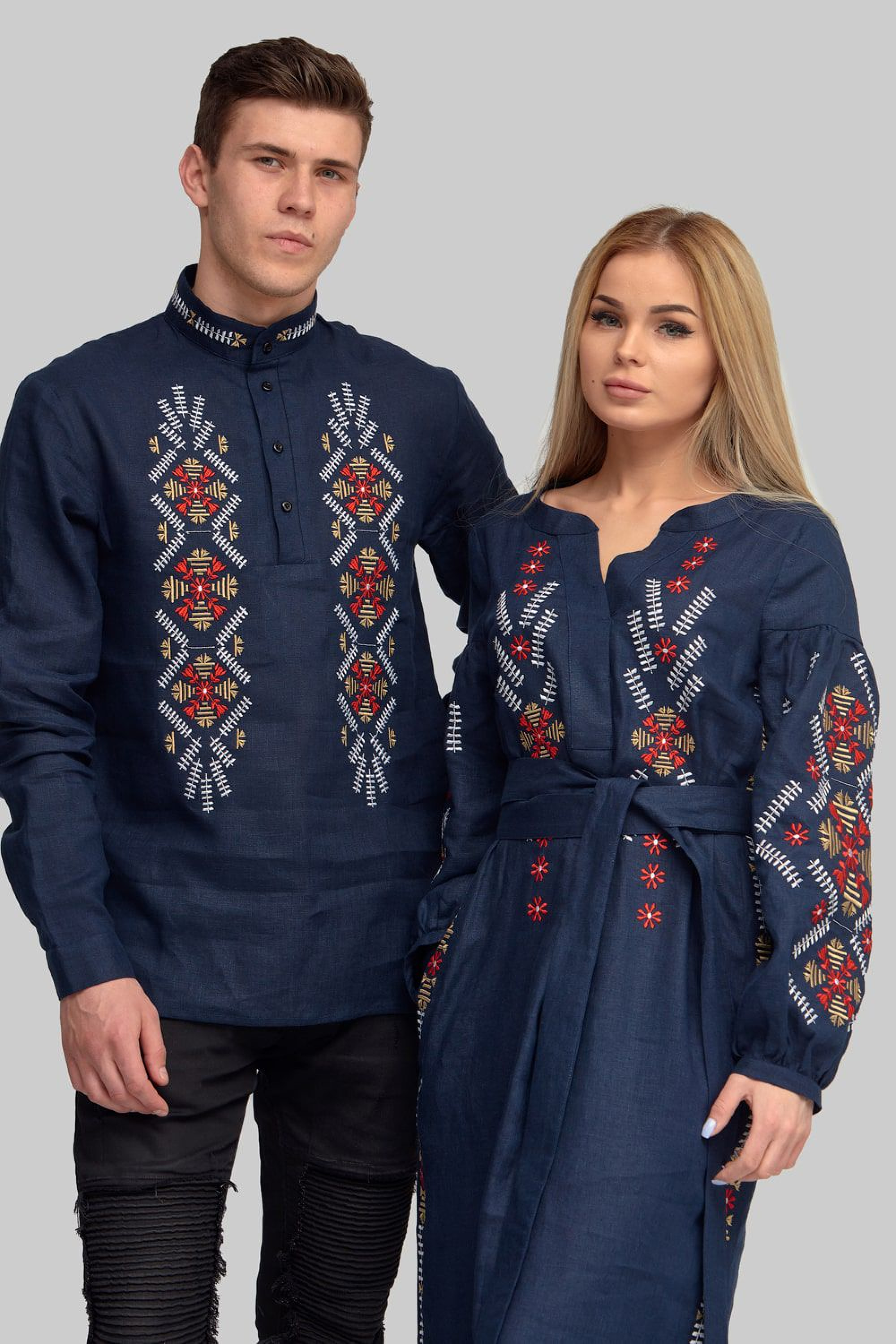 Men's embroidered shirt embroidery and female embroidered dress Navy