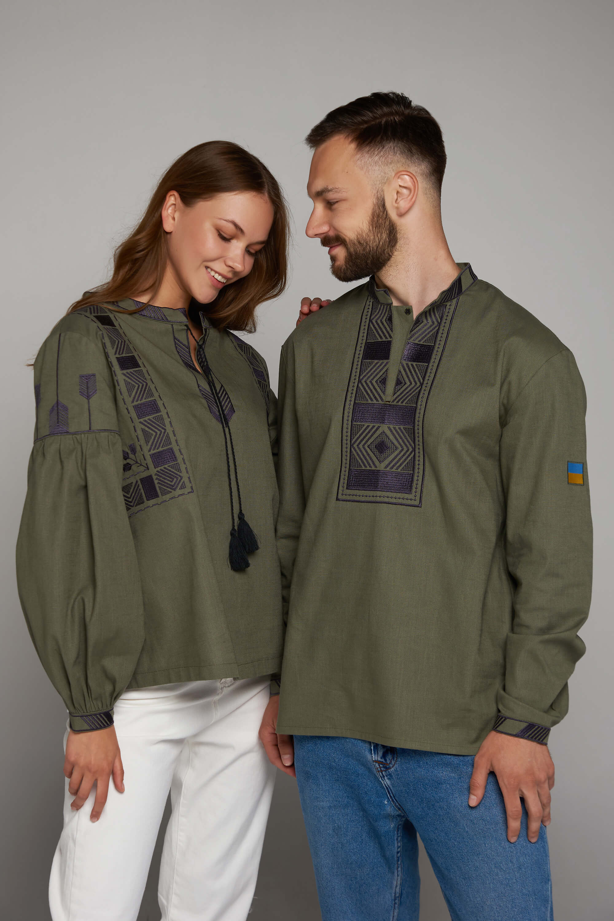 Embroidered Shirts for Men and Women Khaki