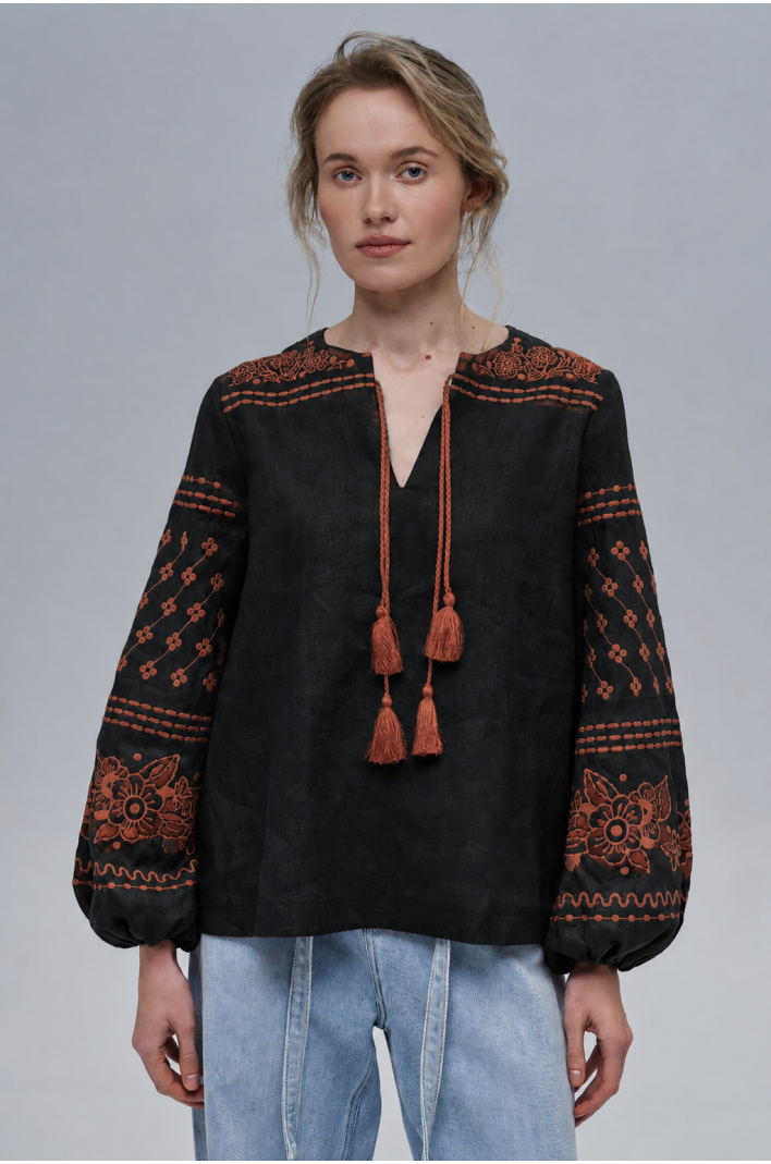 Embroidered black women's blouse Mira | XS | 40-42