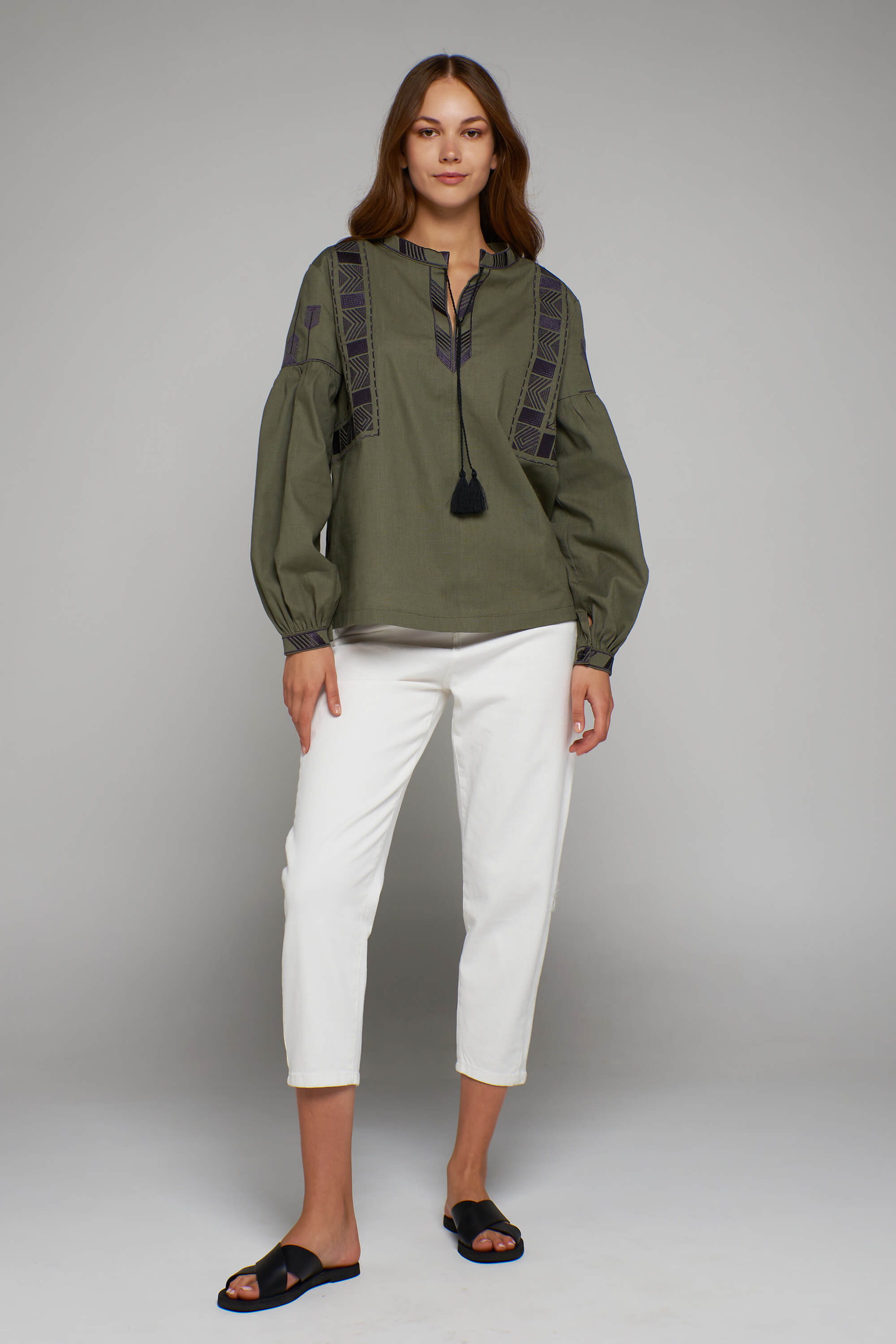 Women's linen embroidered blouse khaki 2 | XS | 40-42