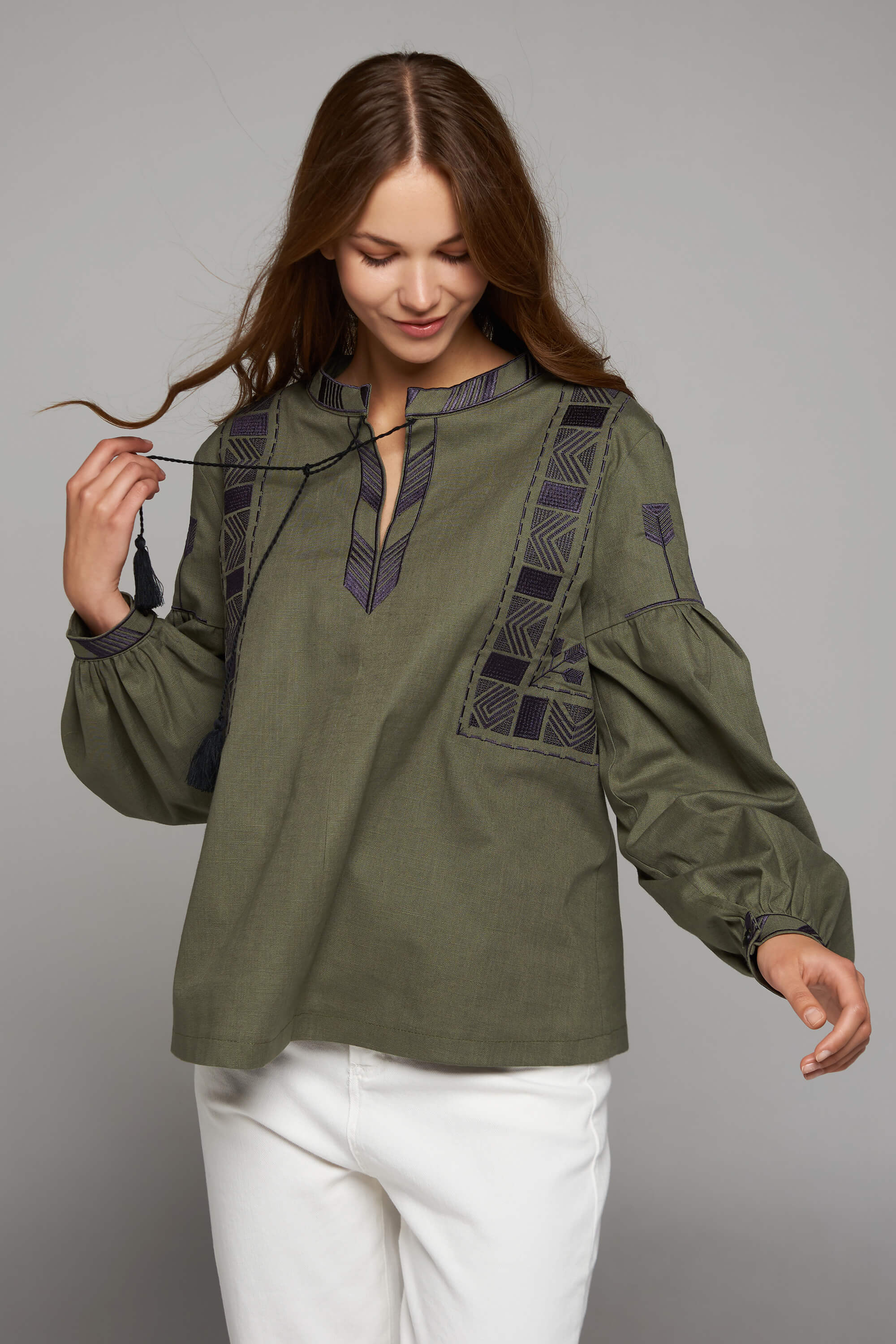 Women's linen embroidered blouse khaki 2 | XS | 40-42