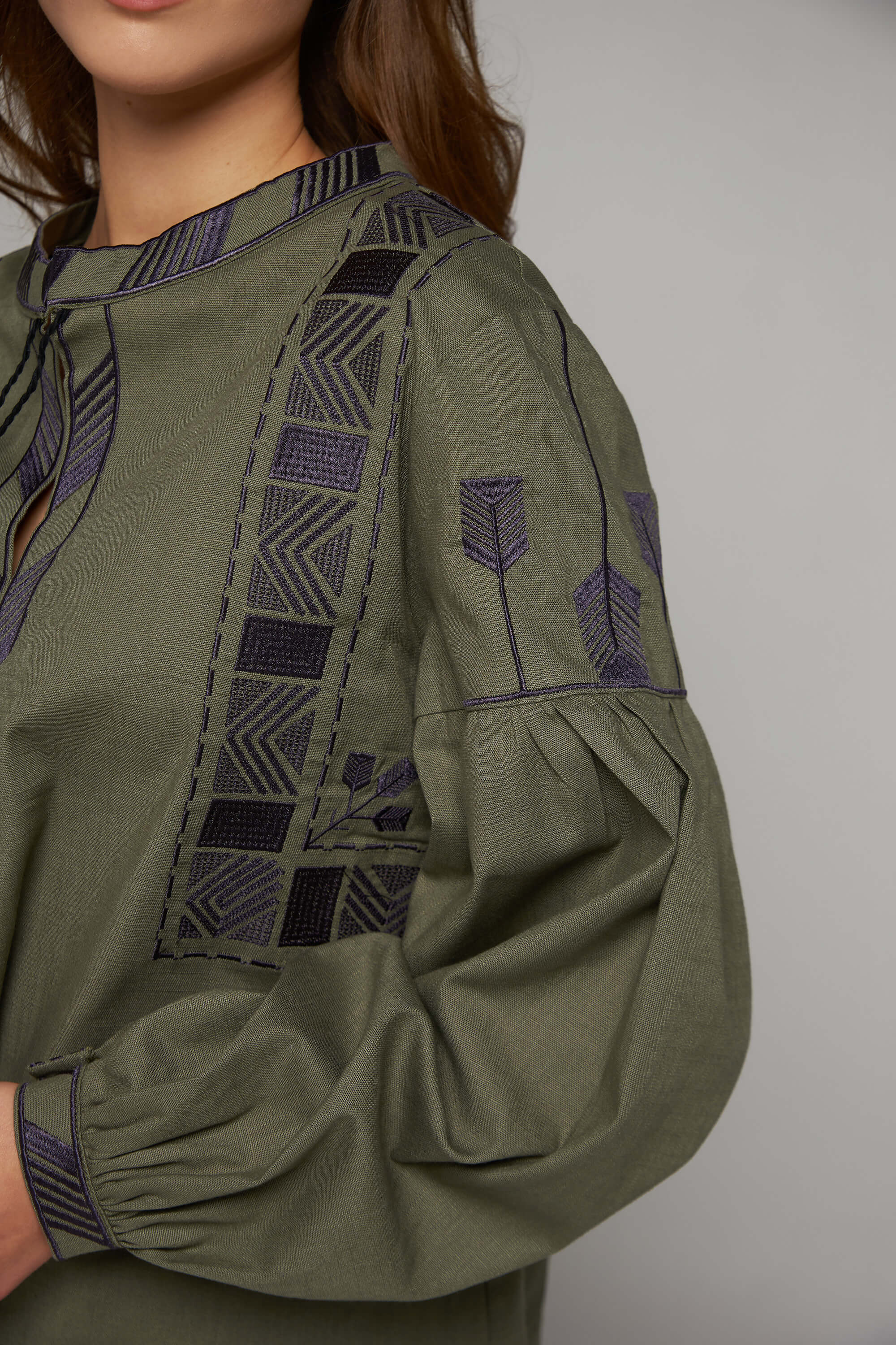 Women's linen embroidered blouse khaki 2 | XS | 40-42