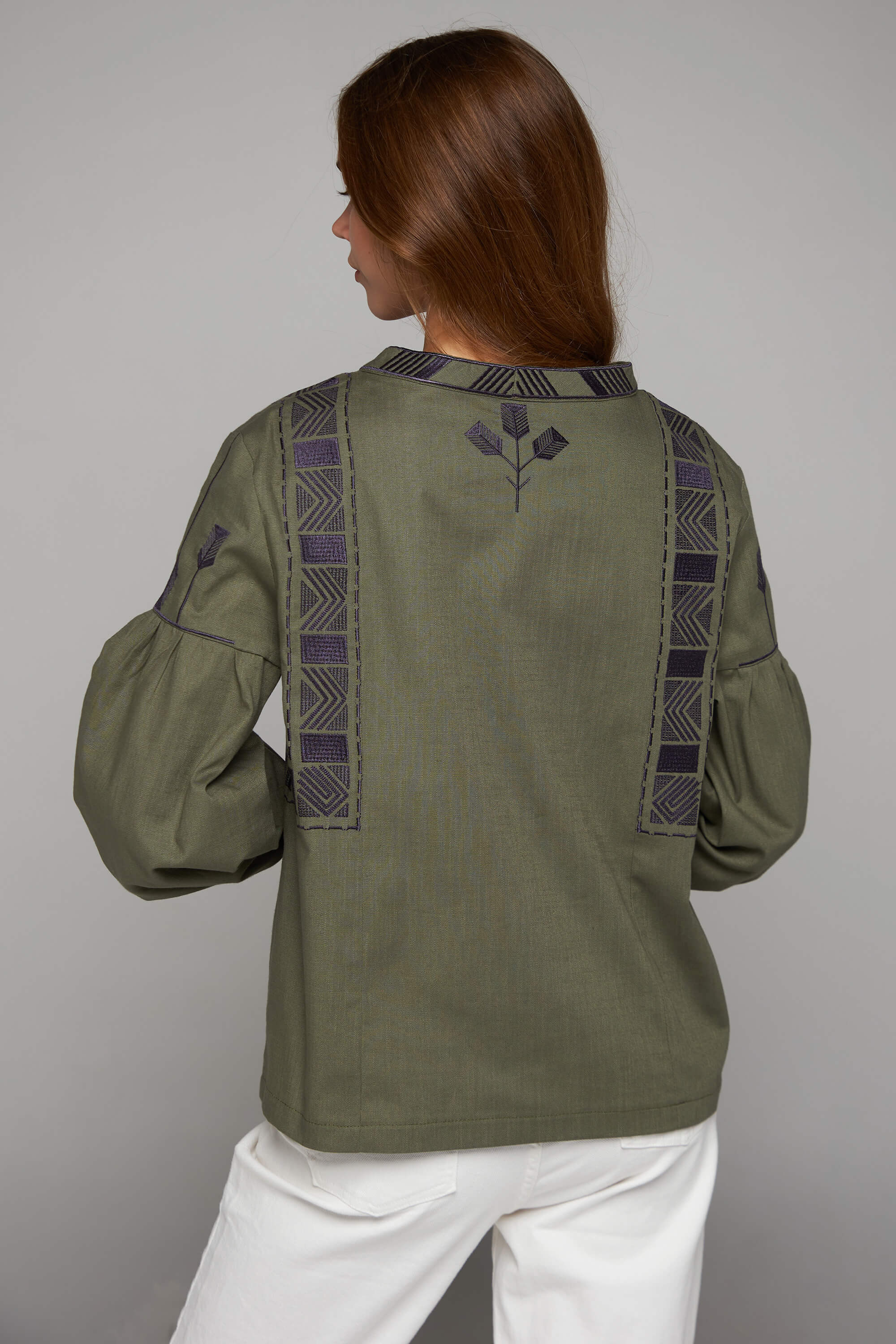 Women's linen embroidered blouse khaki 2 | XS | 40-42