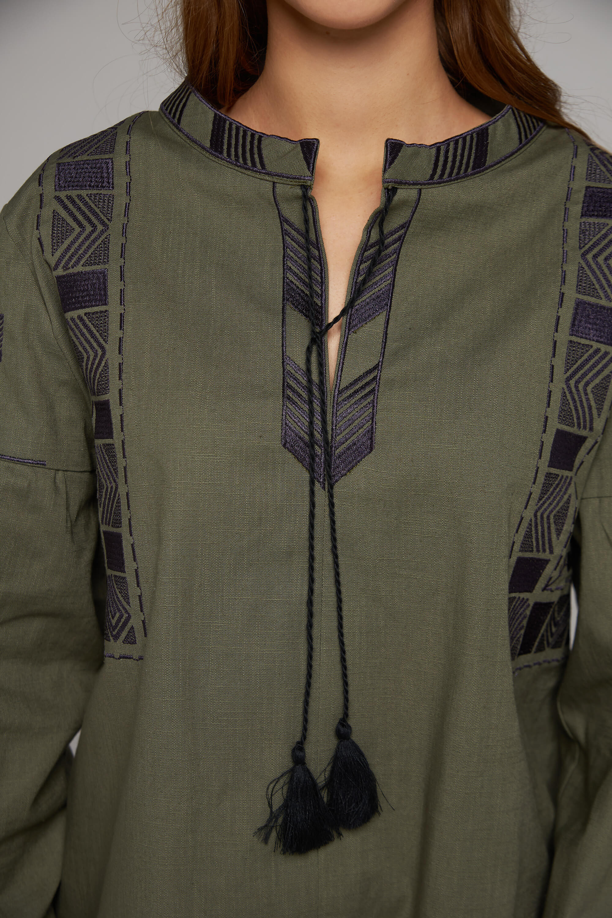 Women's linen embroidered blouse khaki 2 | XS | 40-42