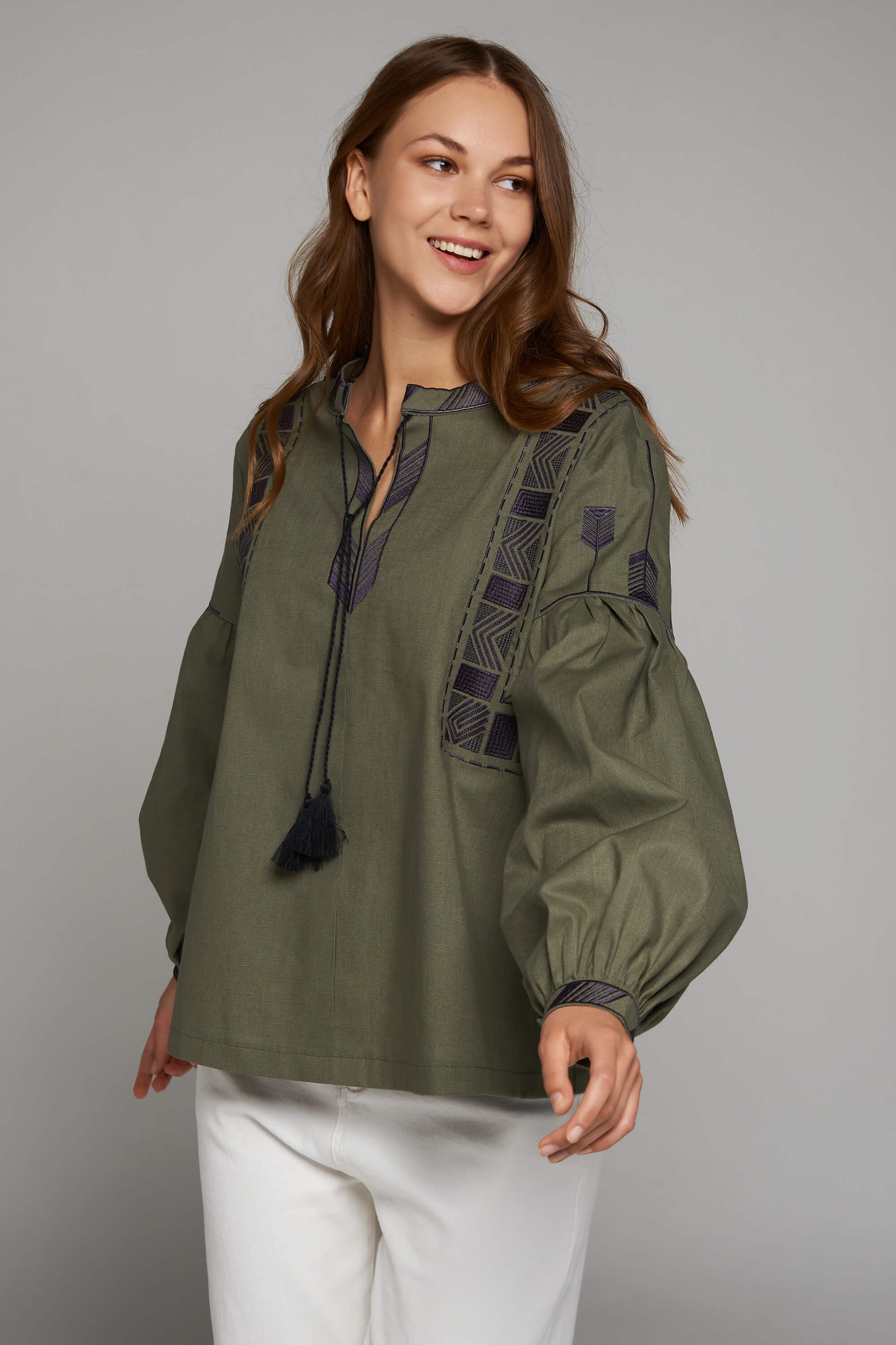 Women's linen embroidered blouse khaki 2