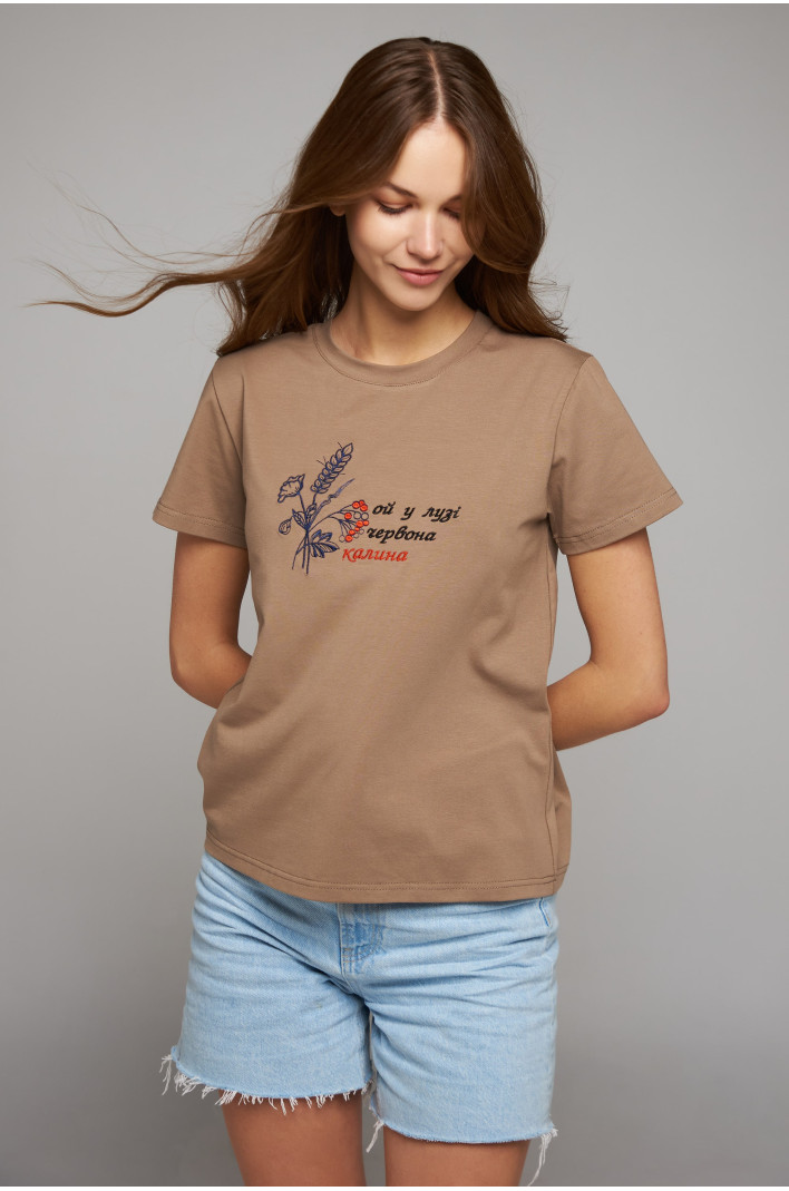 Women's patriotic t-shirt Ой у лузі червона калина Beige | S-M
