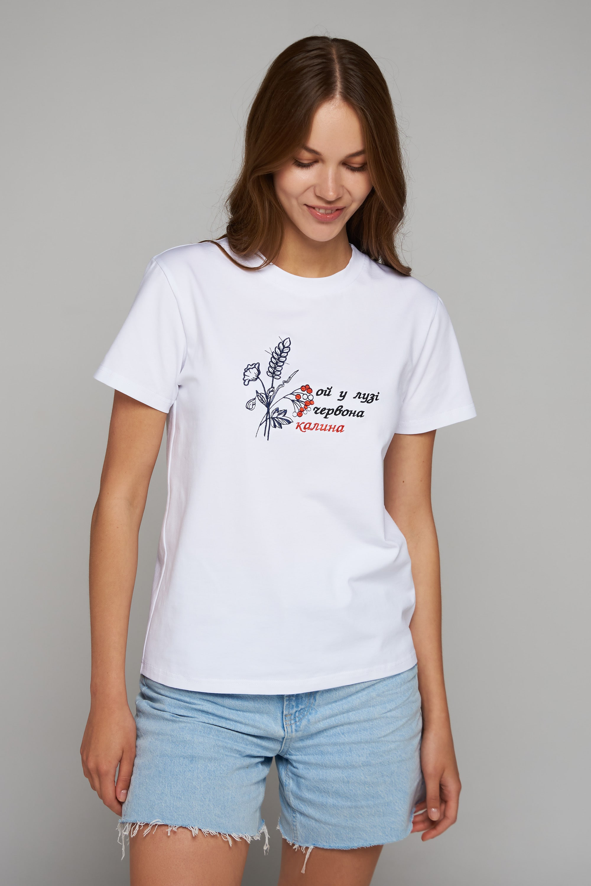 Women's patriotic t-shirt Ой у лузі червона калина White