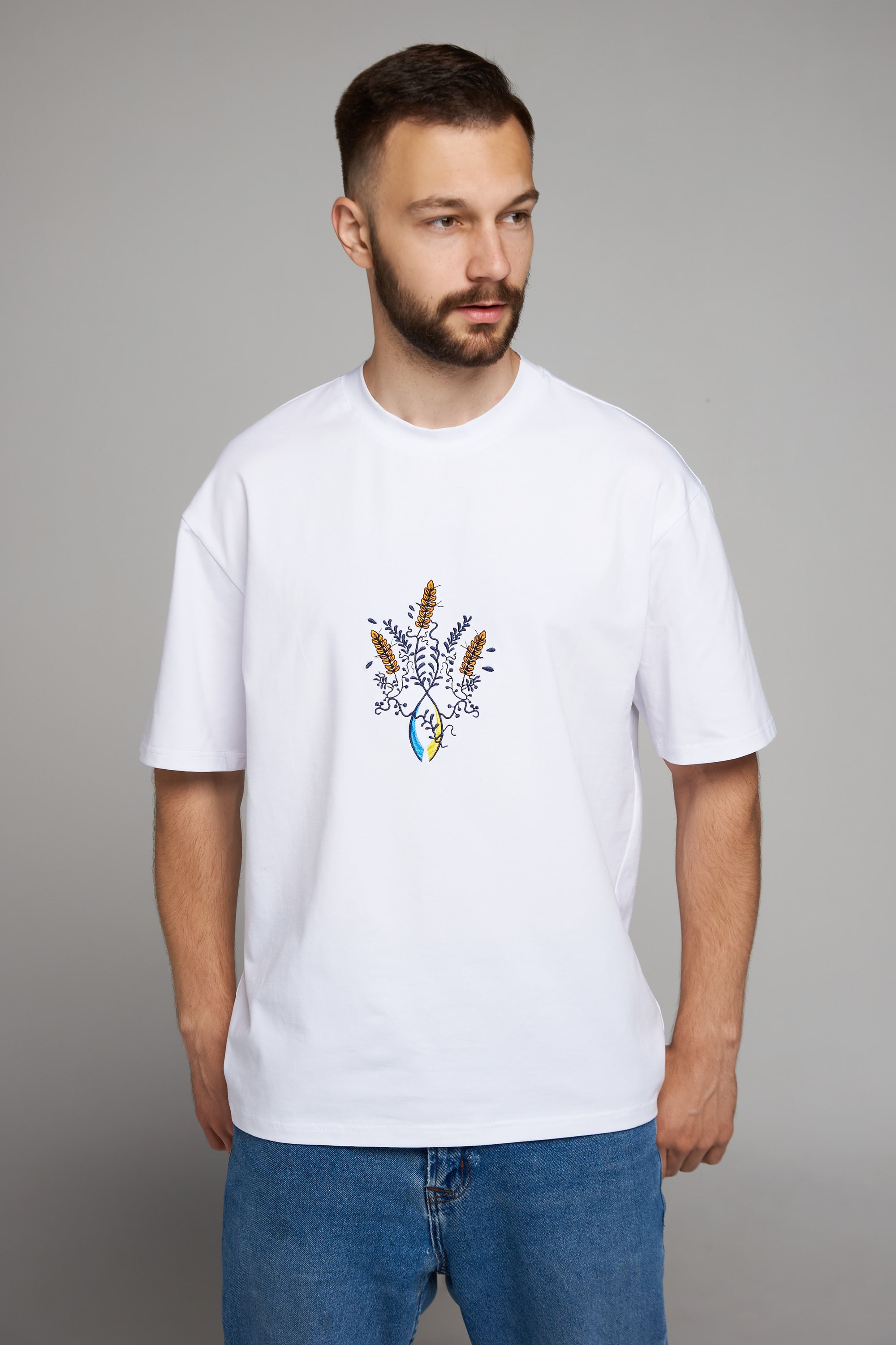 Men's embroidered T-shirt Emblem of Ukraine White
