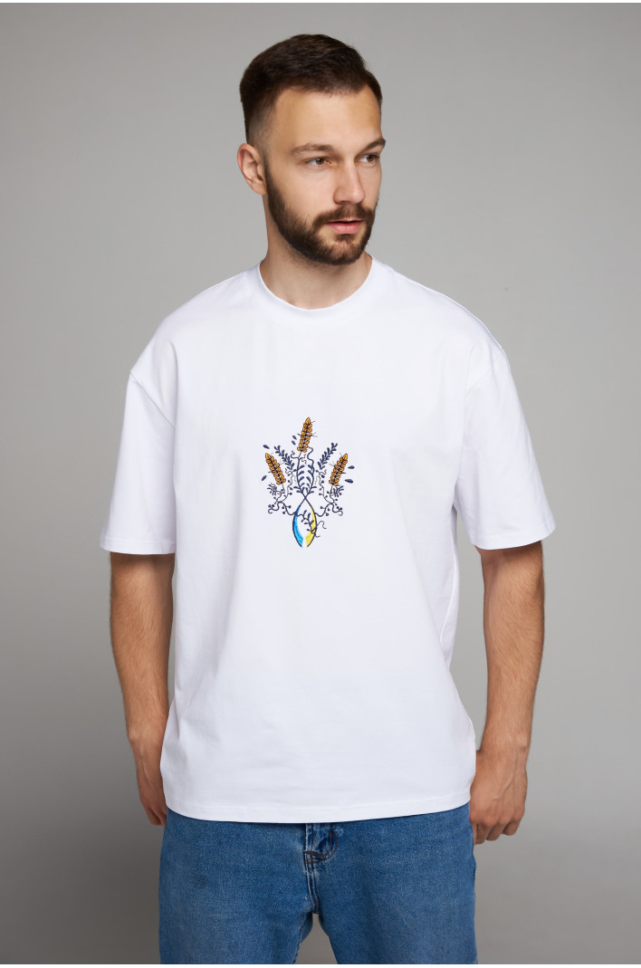 Men's embroidered T-shirt Emblem of Ukraine White | M-L
