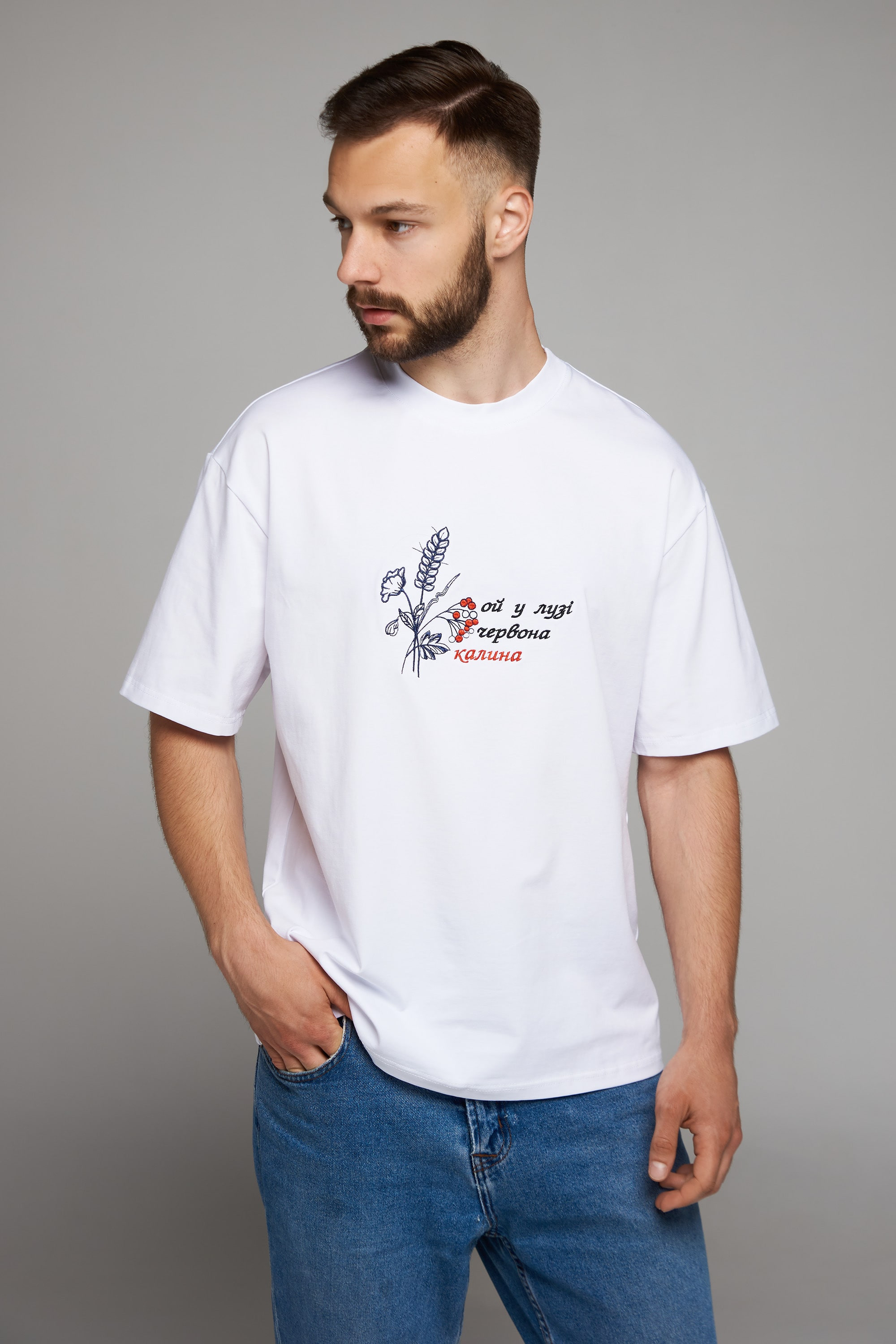 Men's embroidered T-shirt Ой у лузі червона калина White