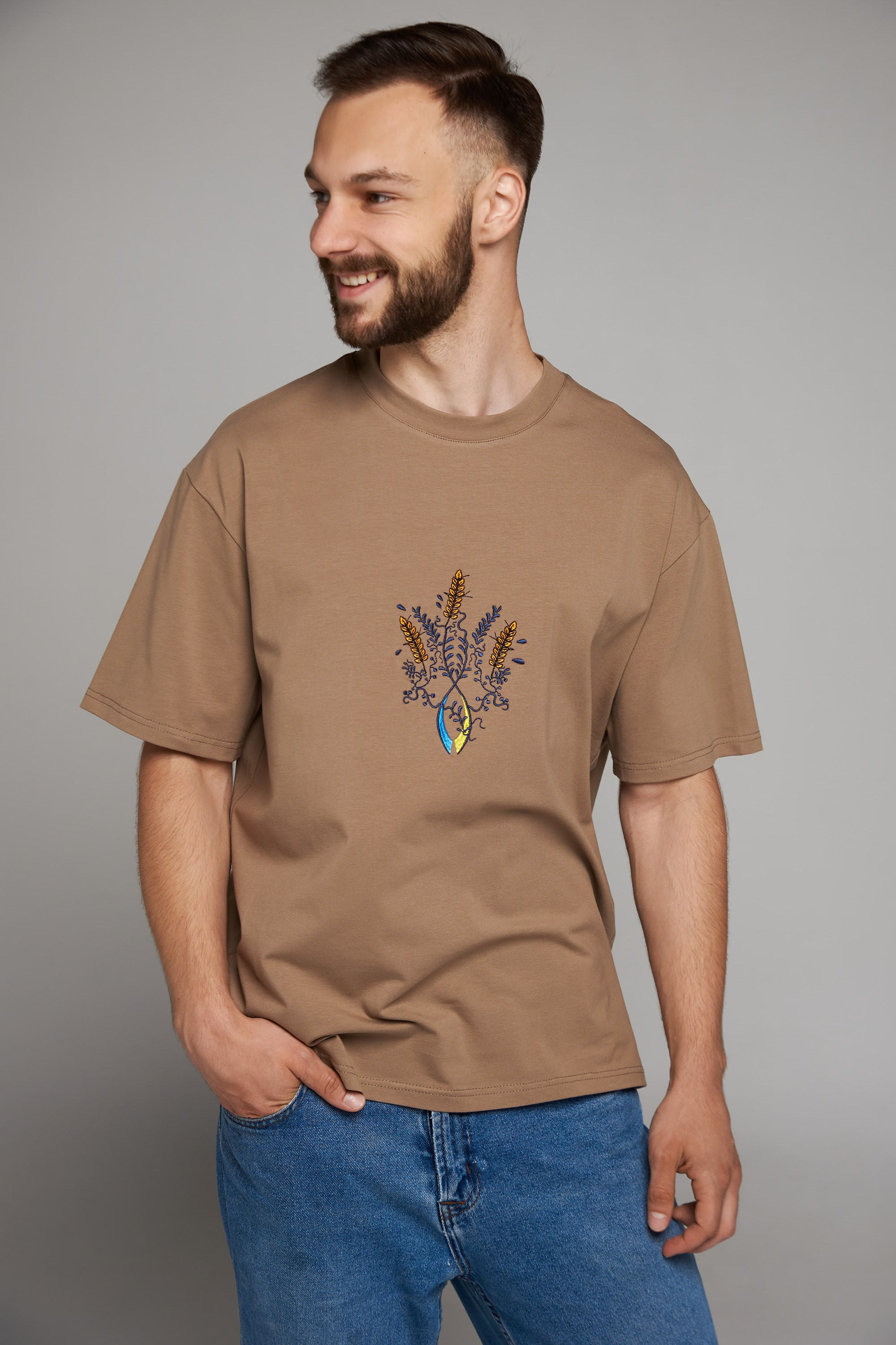 Men's embroidered T-shirt Emblem of Ukraine Beige