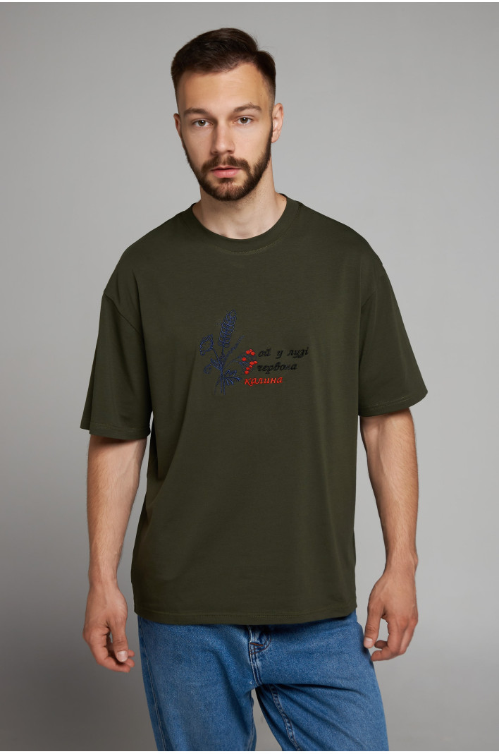 Men's embroidered T-shirt Ой у лузі червона калина Green | M-L