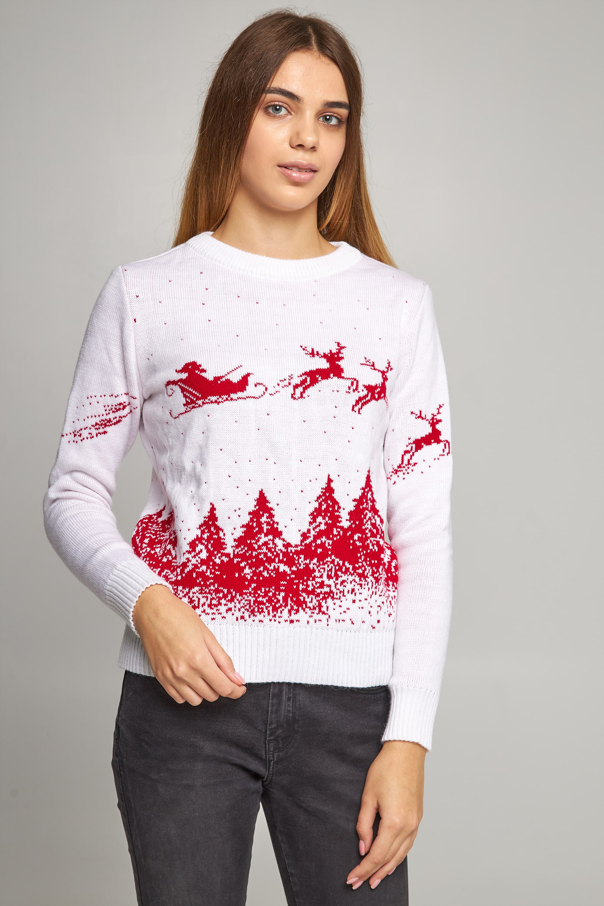 Women's New Year's knitted sweater Santa Claus with deer white