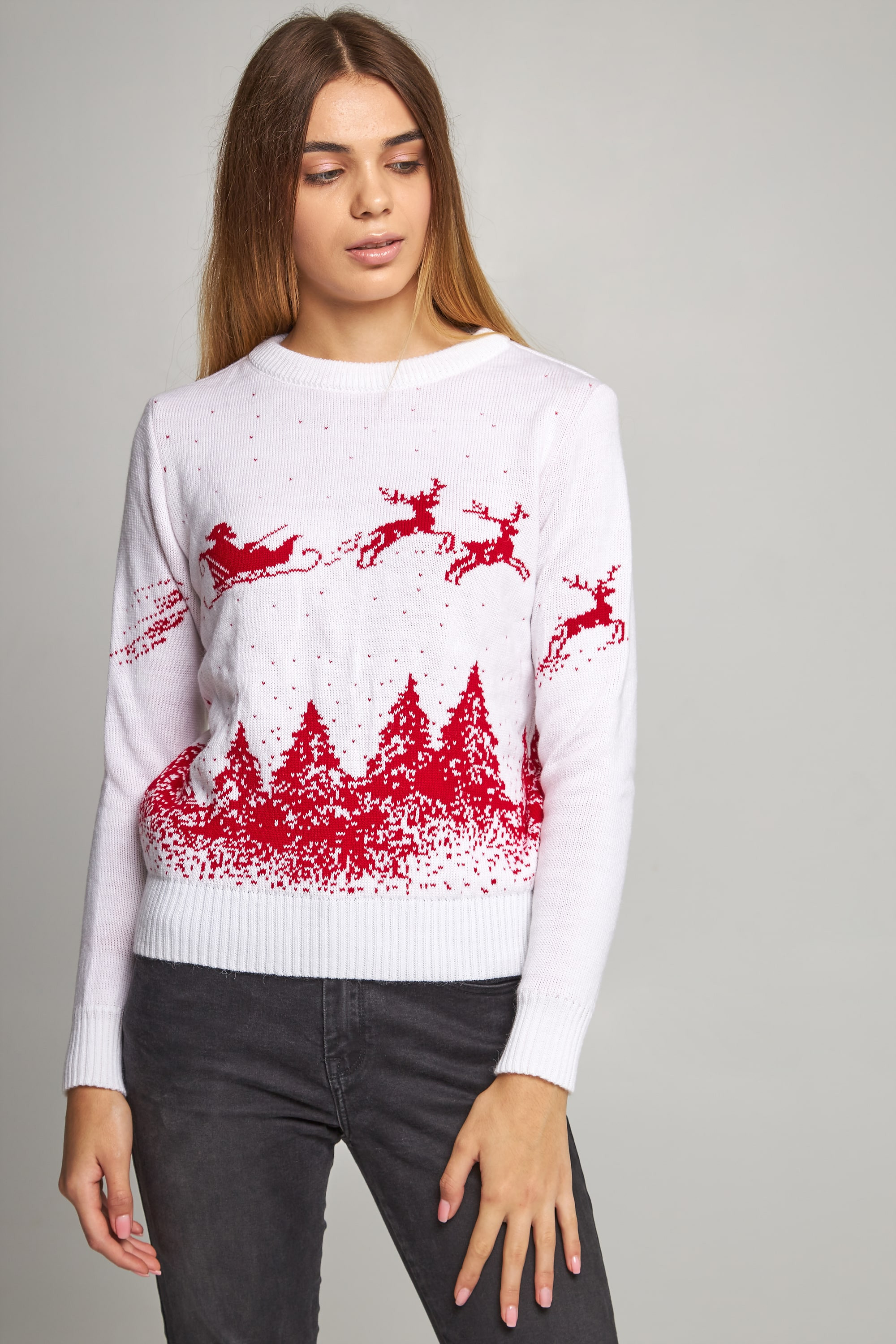 Women's New Year's knitted sweater Santa Claus with deer white