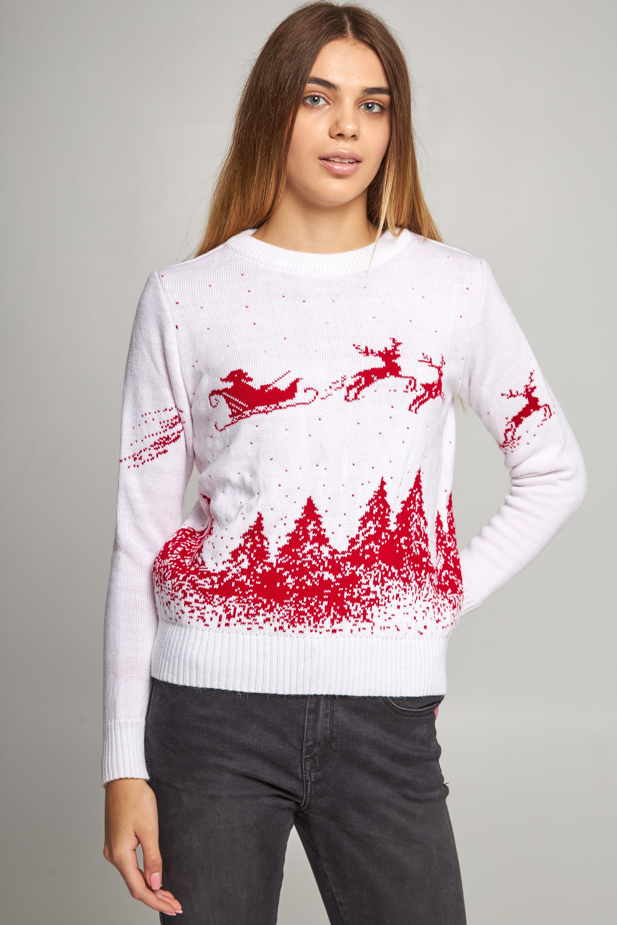Women's New Year's knitted sweater Santa Claus with deer white