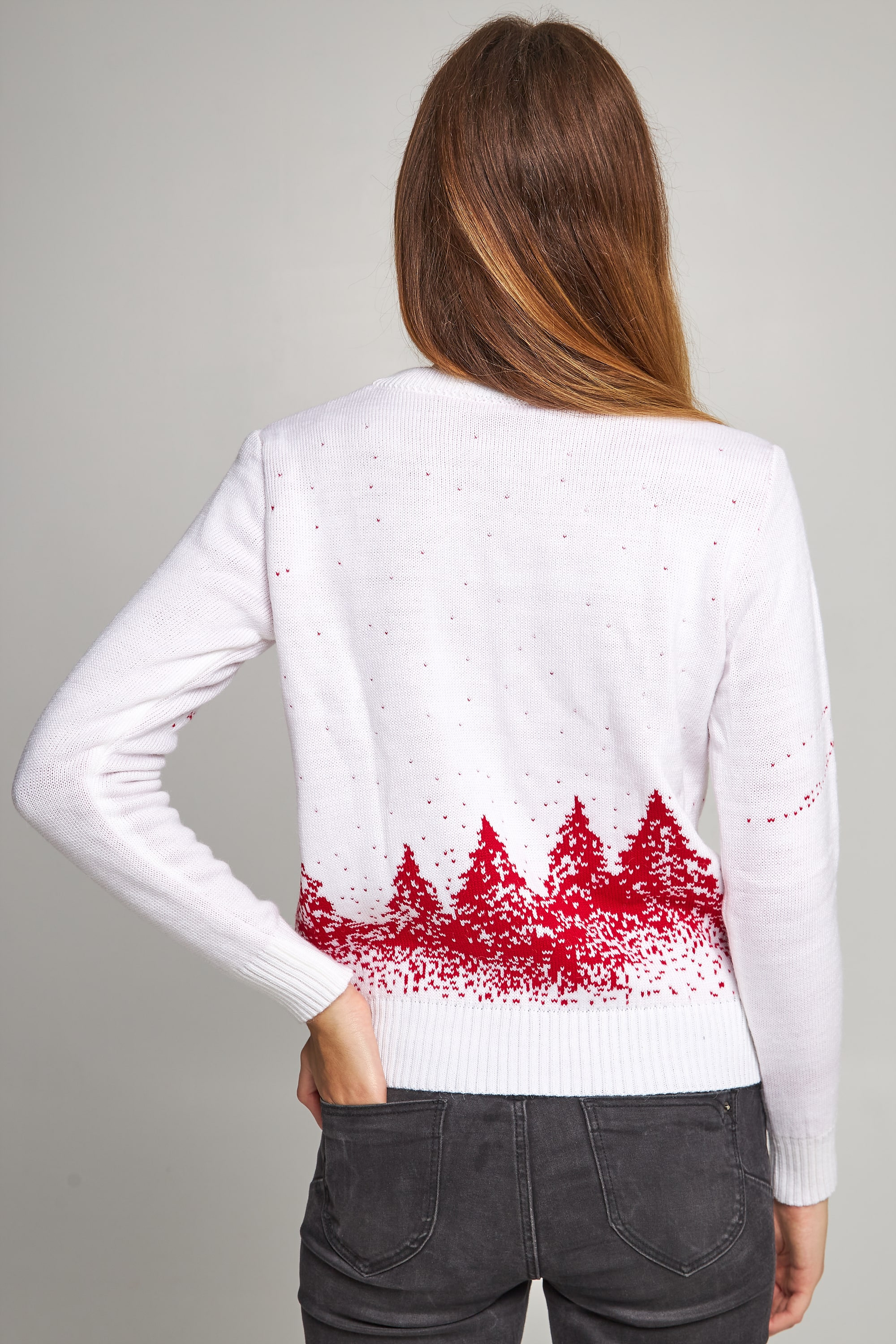 Women's New Year's knitted sweater Santa Claus with deer white | S | 42-44