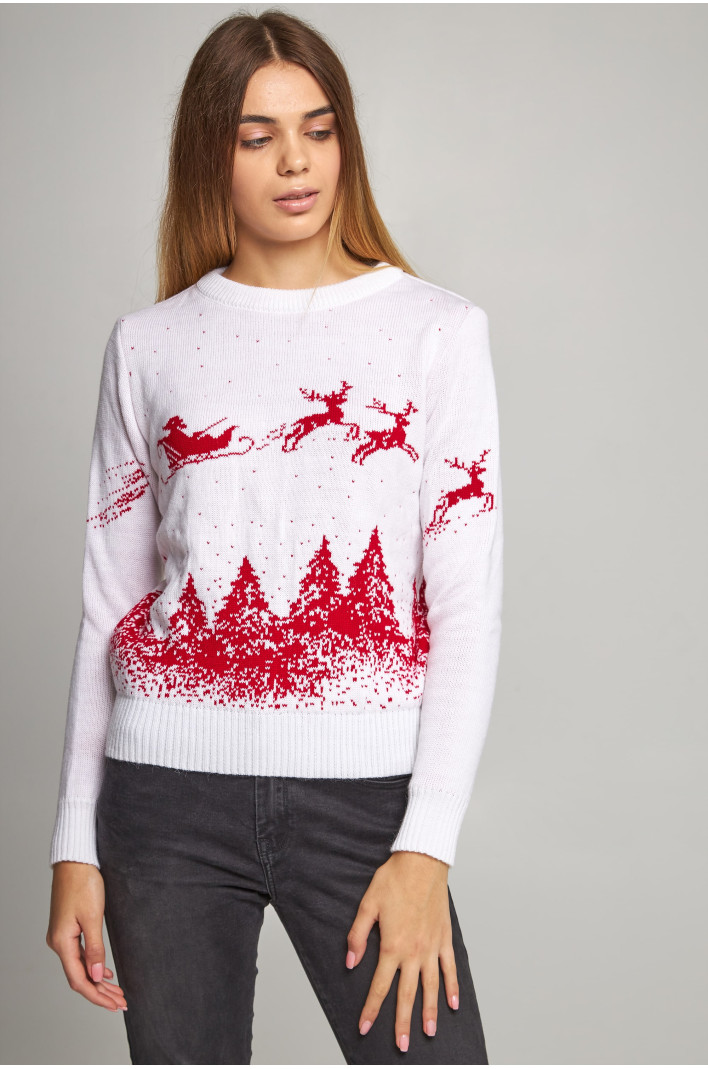 Women's New Year's knitted sweater Santa Claus with deer white | S | 42-44