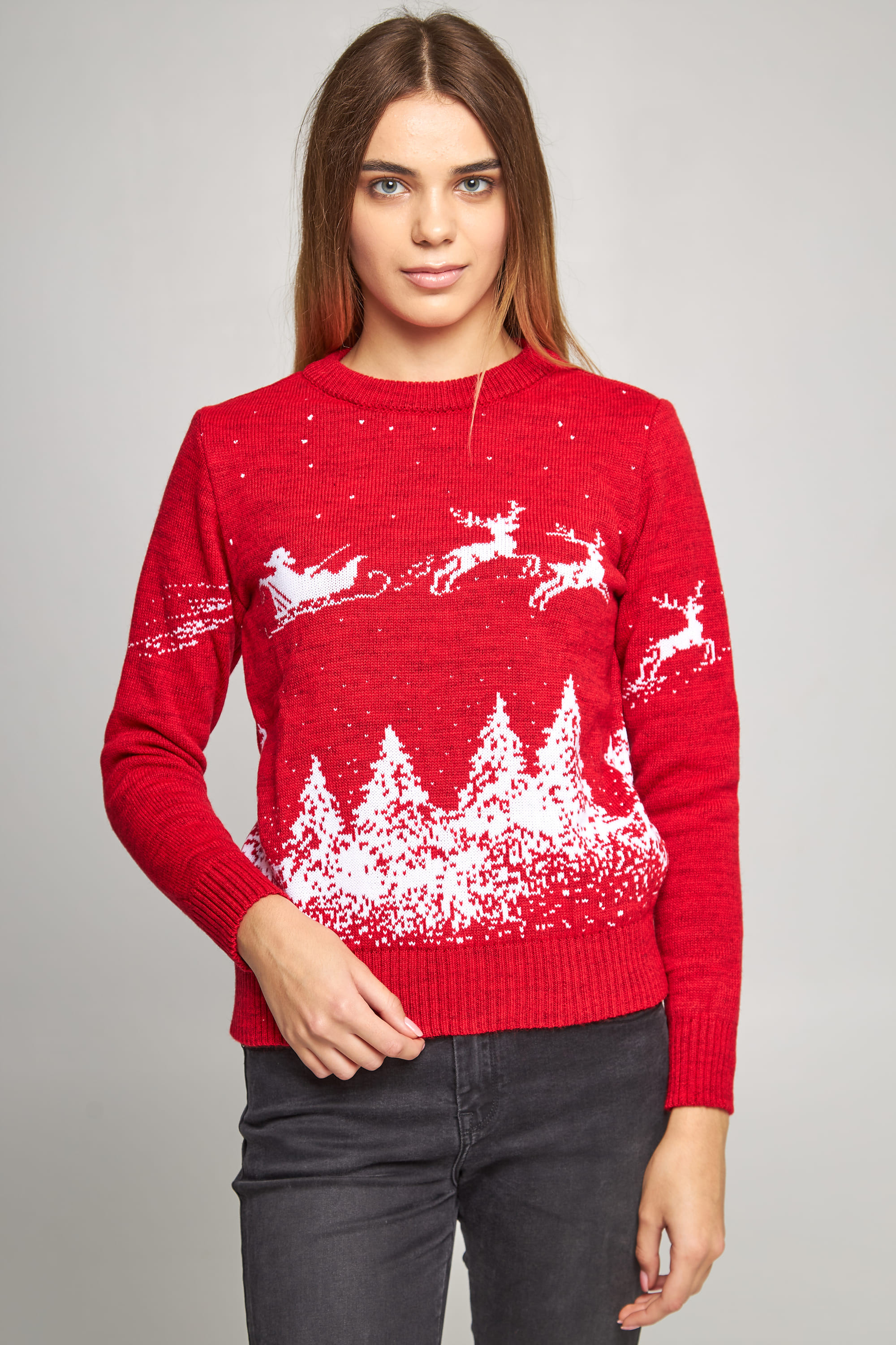 Women's New Year's knitted sweater Santa Claus with deer red deer