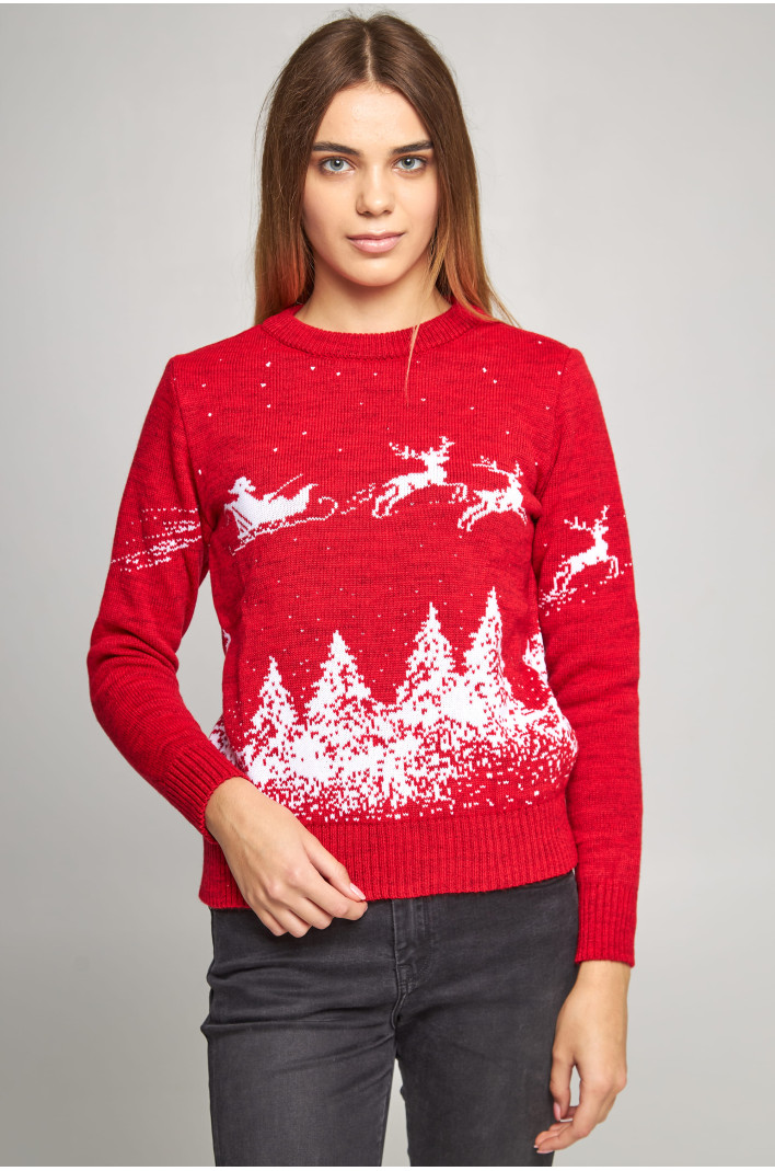 Women's New Year's knitted sweater Santa Claus with deer red deer | S | 42-44