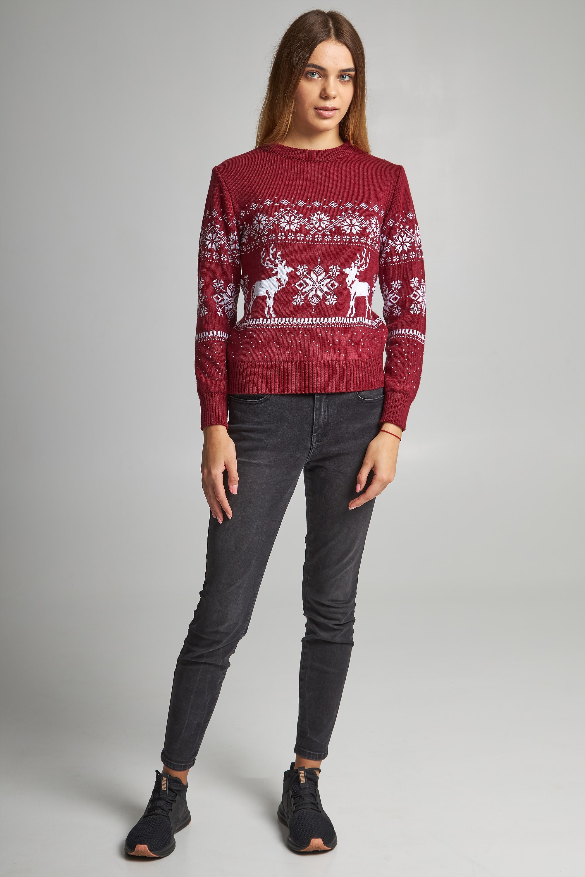 New Year's sweaters for two Santa Claus with deer burgundy