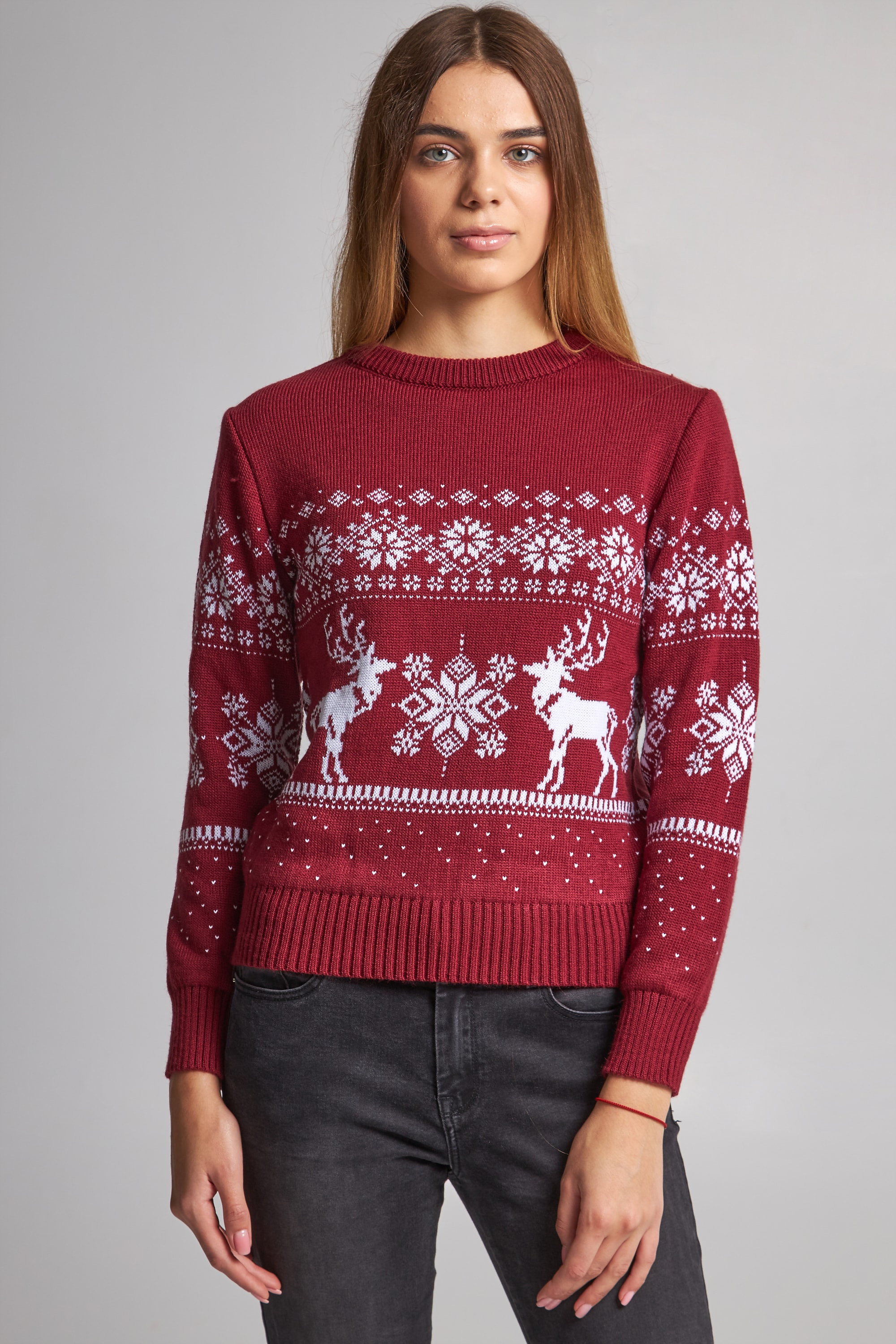 Women's knitted New Year sweater snowflakes with deer burgundy | XL | 50-52