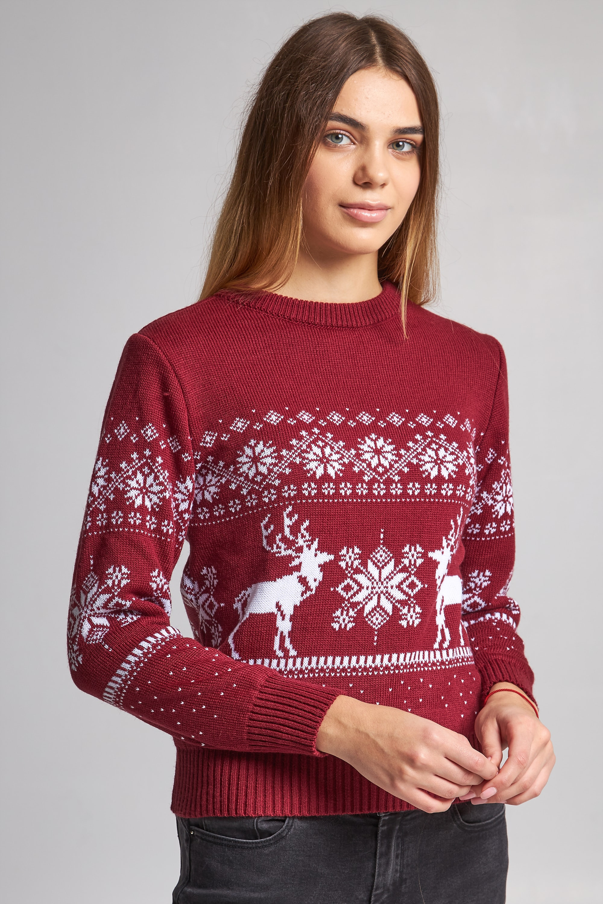 Women's knitted New Year sweater snowflakes with deer burgundy | XL | 50-52