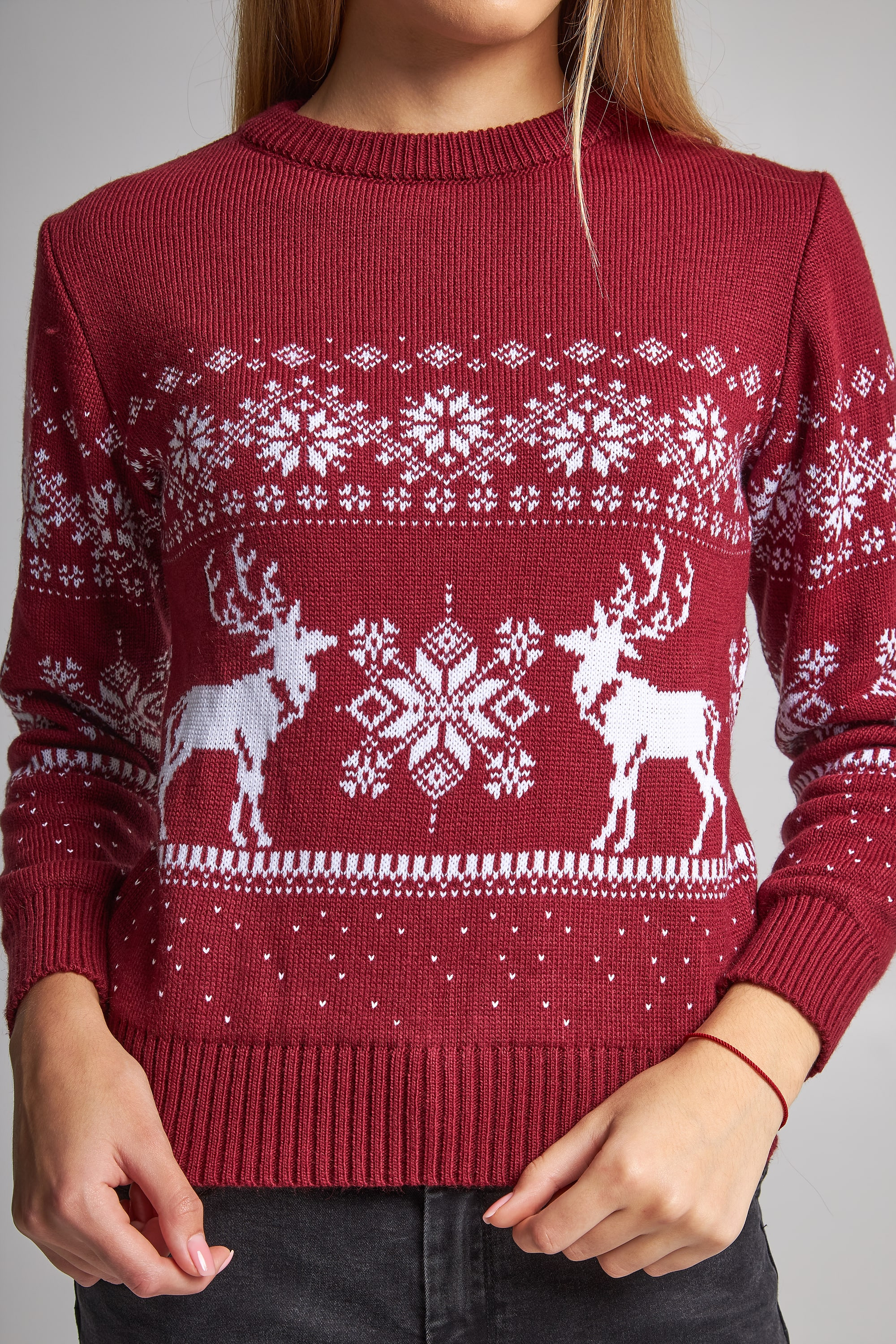 Women's knitted New Year sweater snowflakes with deer burgundy | XL | 50-52