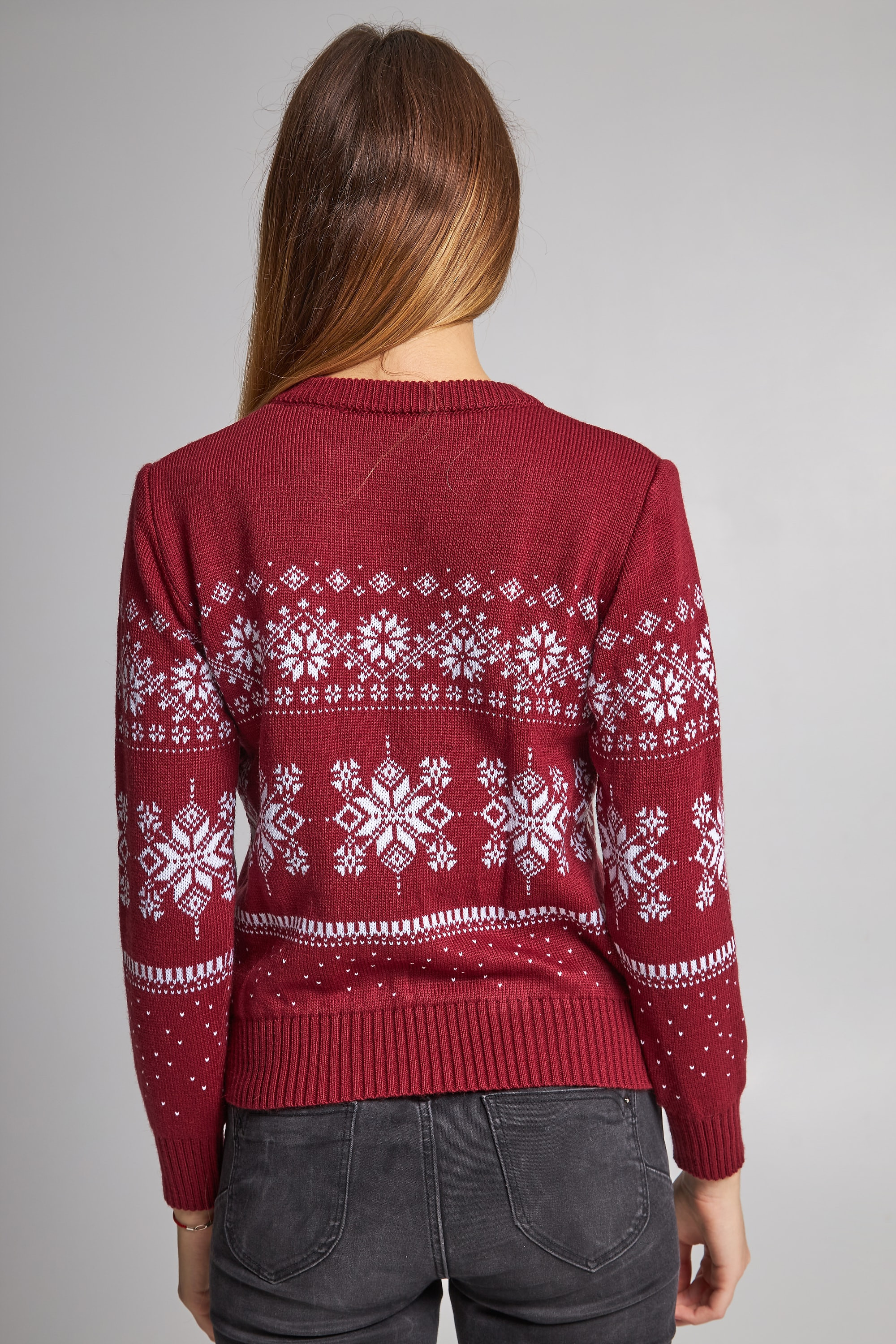 Women's knitted New Year sweater snowflakes with deer burgundy | XL | 50-52