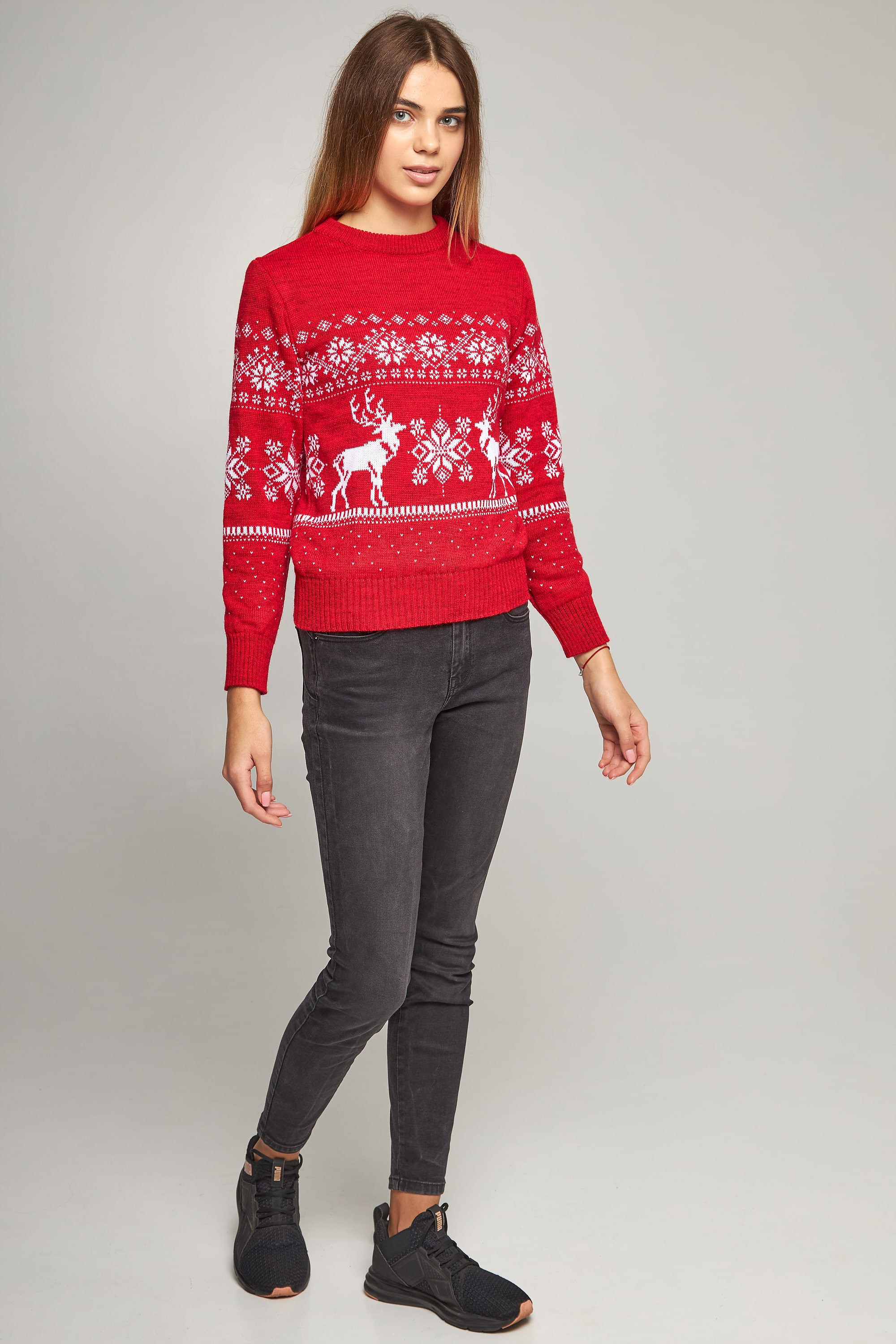 Women's New Year's knitted sweater snowflakes with deer red