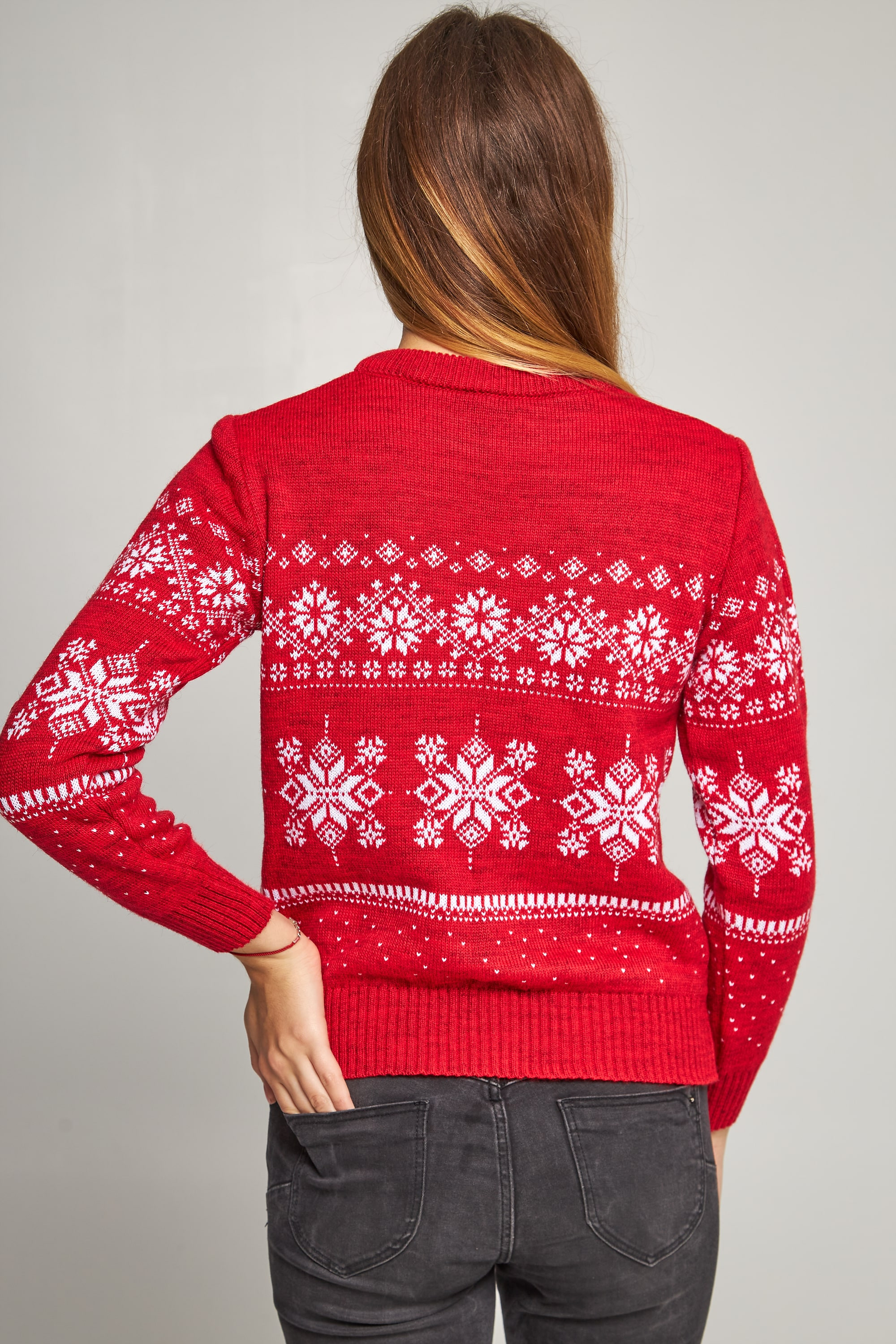 Women's New Year's knitted sweater snowflakes with deer red