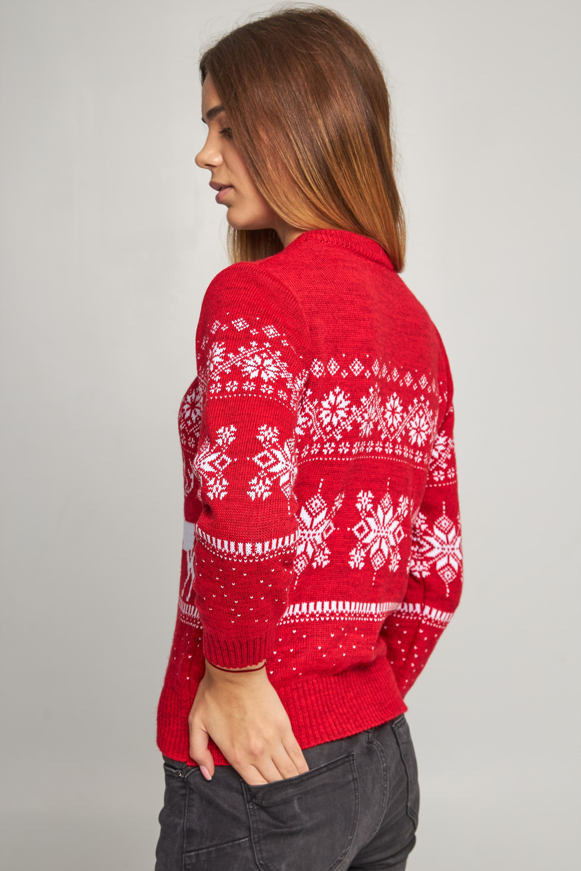 Women's New Year's knitted sweater snowflakes with deer red | S | 42-44