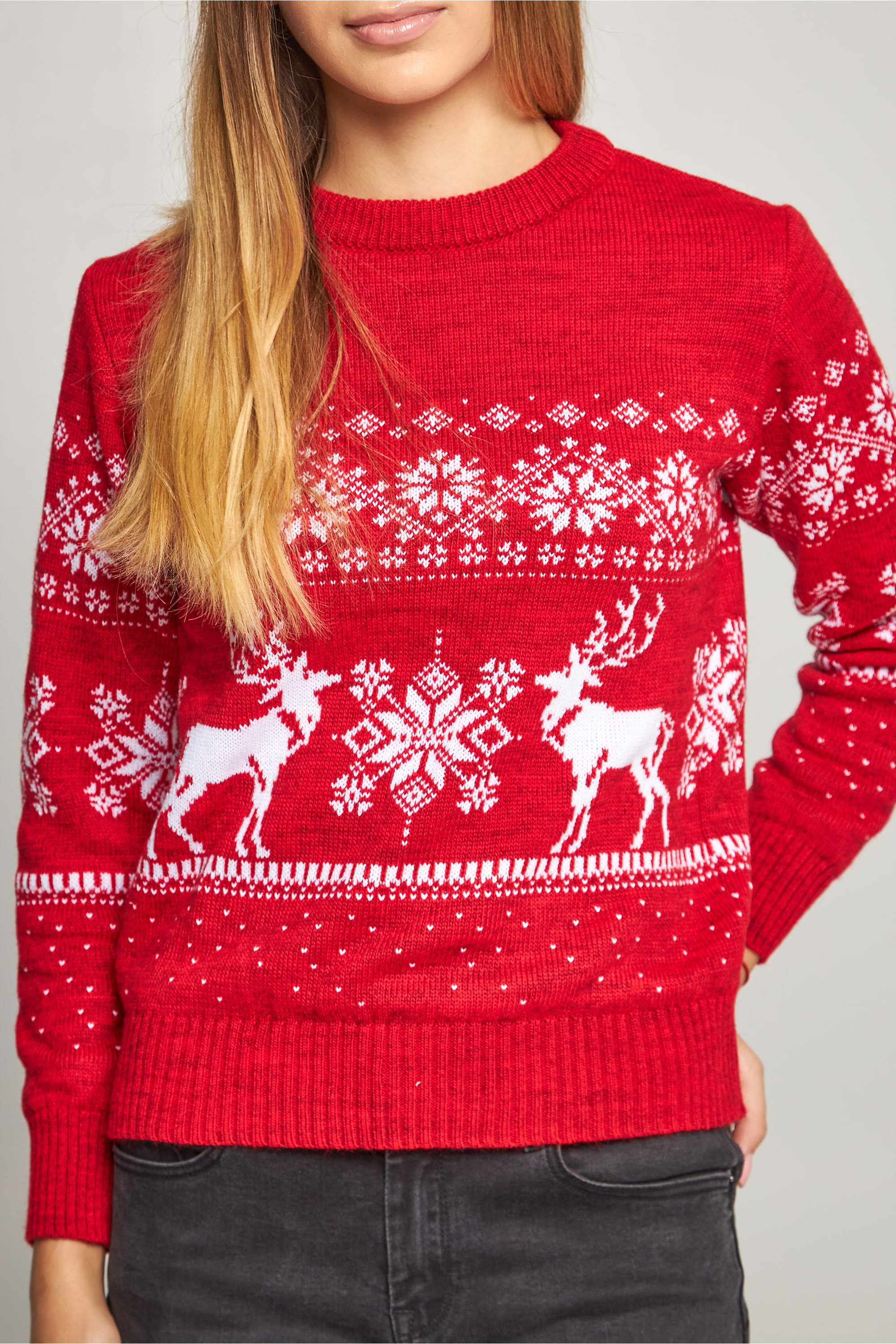 Women's New Year's knitted sweater snowflakes with deer red | S | 42-44