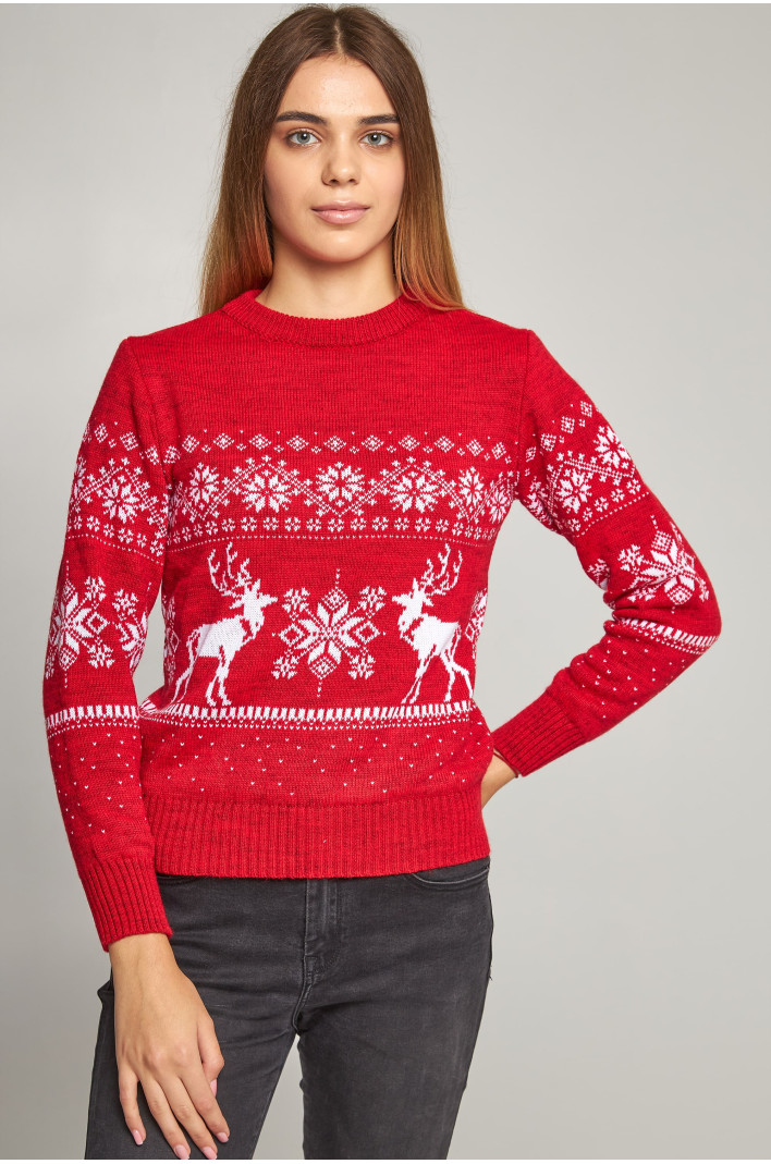 Women's New Year's knitted sweater snowflakes with deer red | S | 42-44