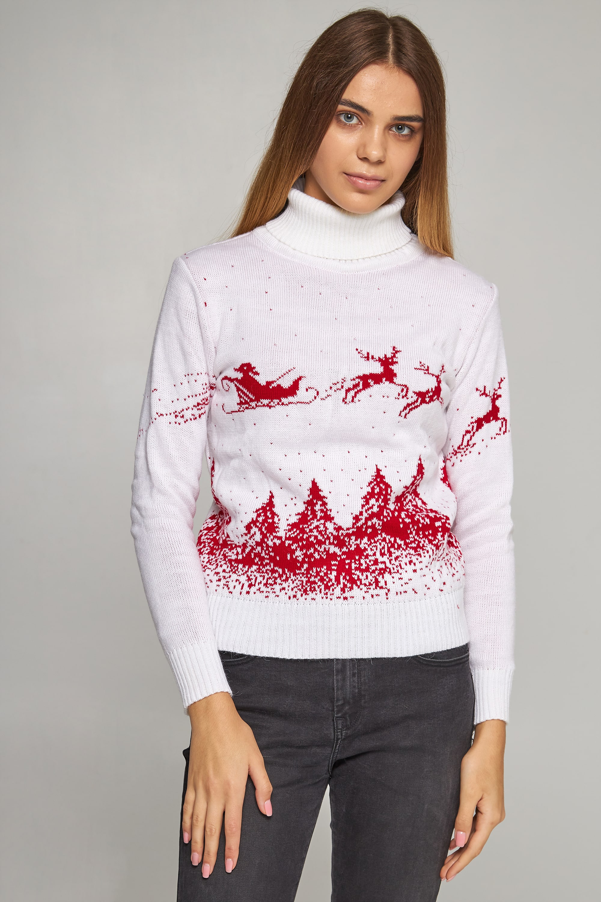 Women's knitted sweater Golf Santa Claus with deer white