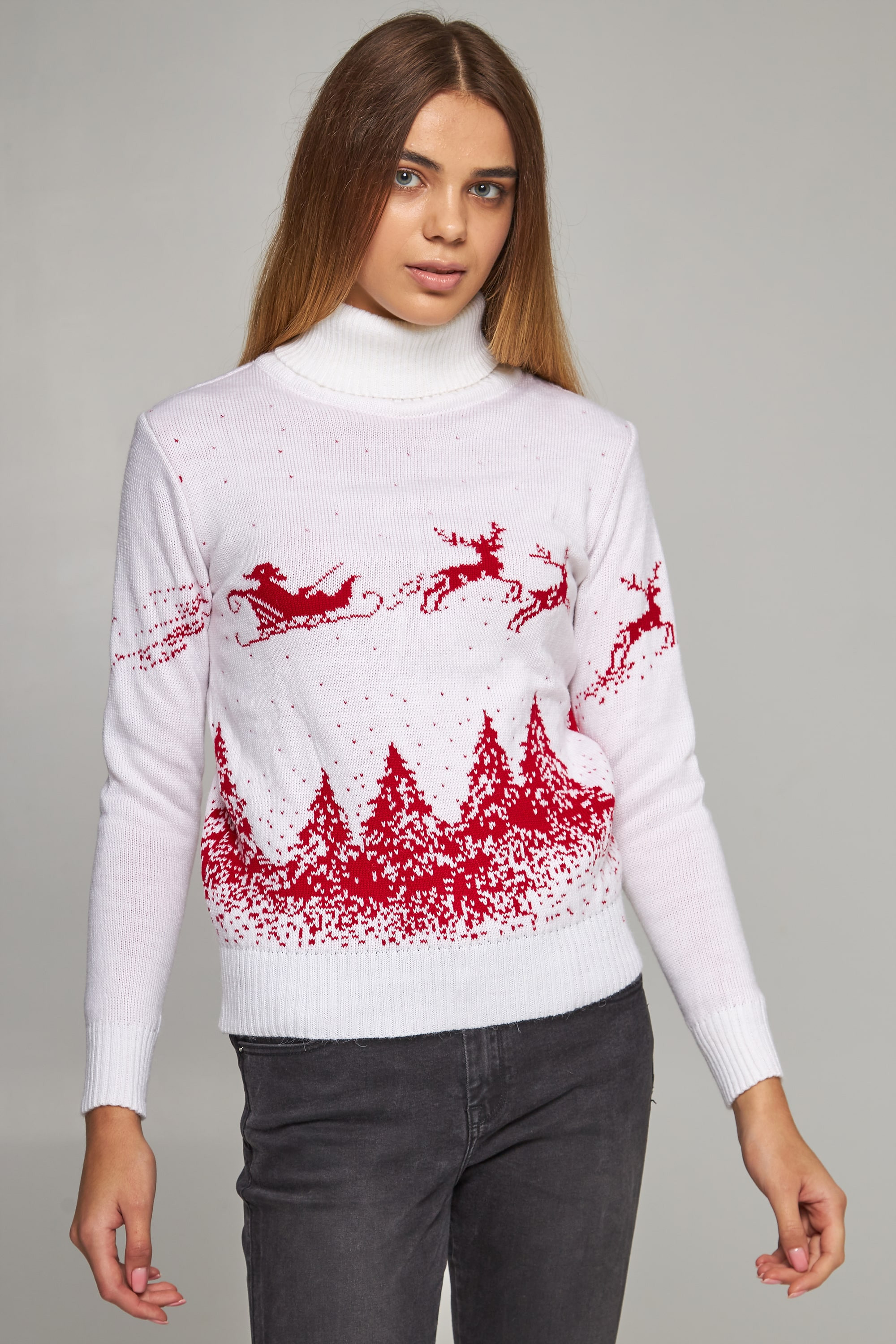 Women's knitted sweater Golf Santa Claus with deer white