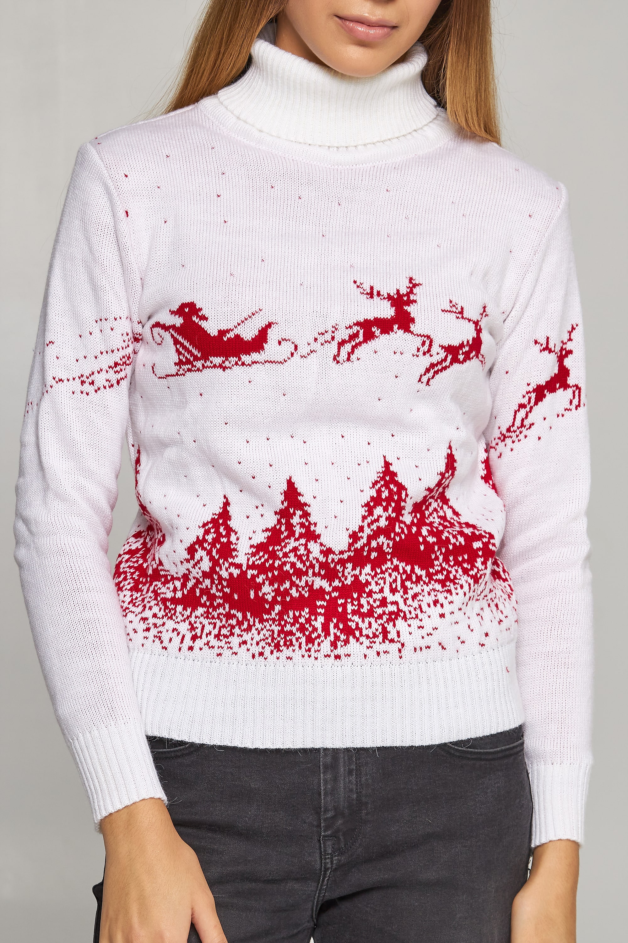 Women's knitted sweater Golf Santa Claus with deer white | XS | 40-42