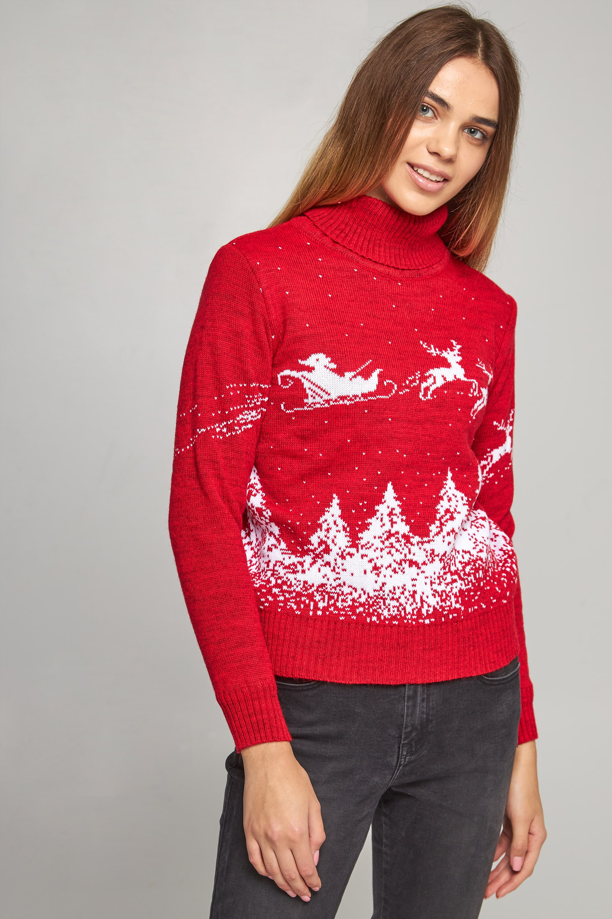 New Year's knitted golfs for two Santa Claus with deer red deer