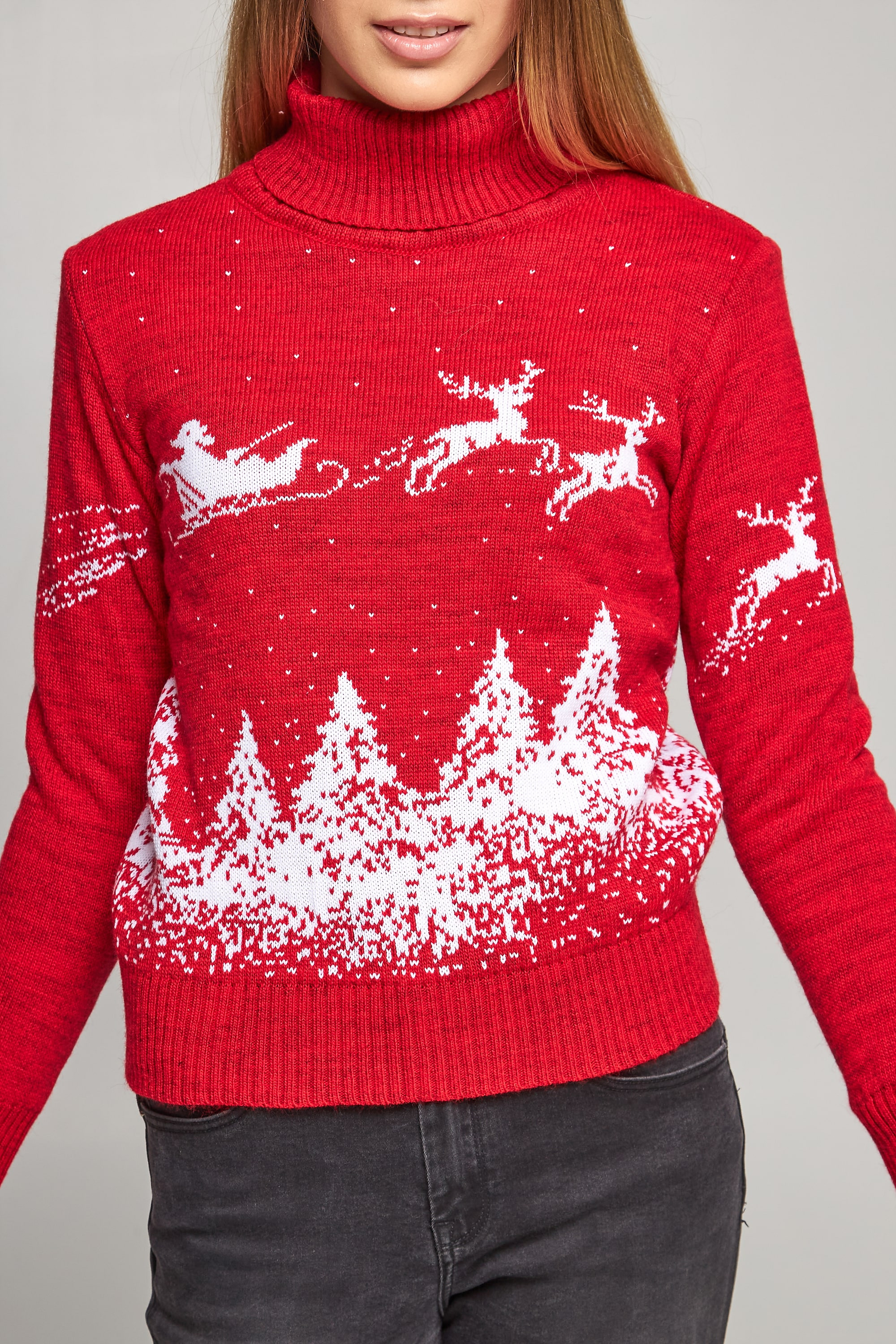 Women's New Year's knitted sweater Golf Santa Claus with deer red deer | M | 44-46