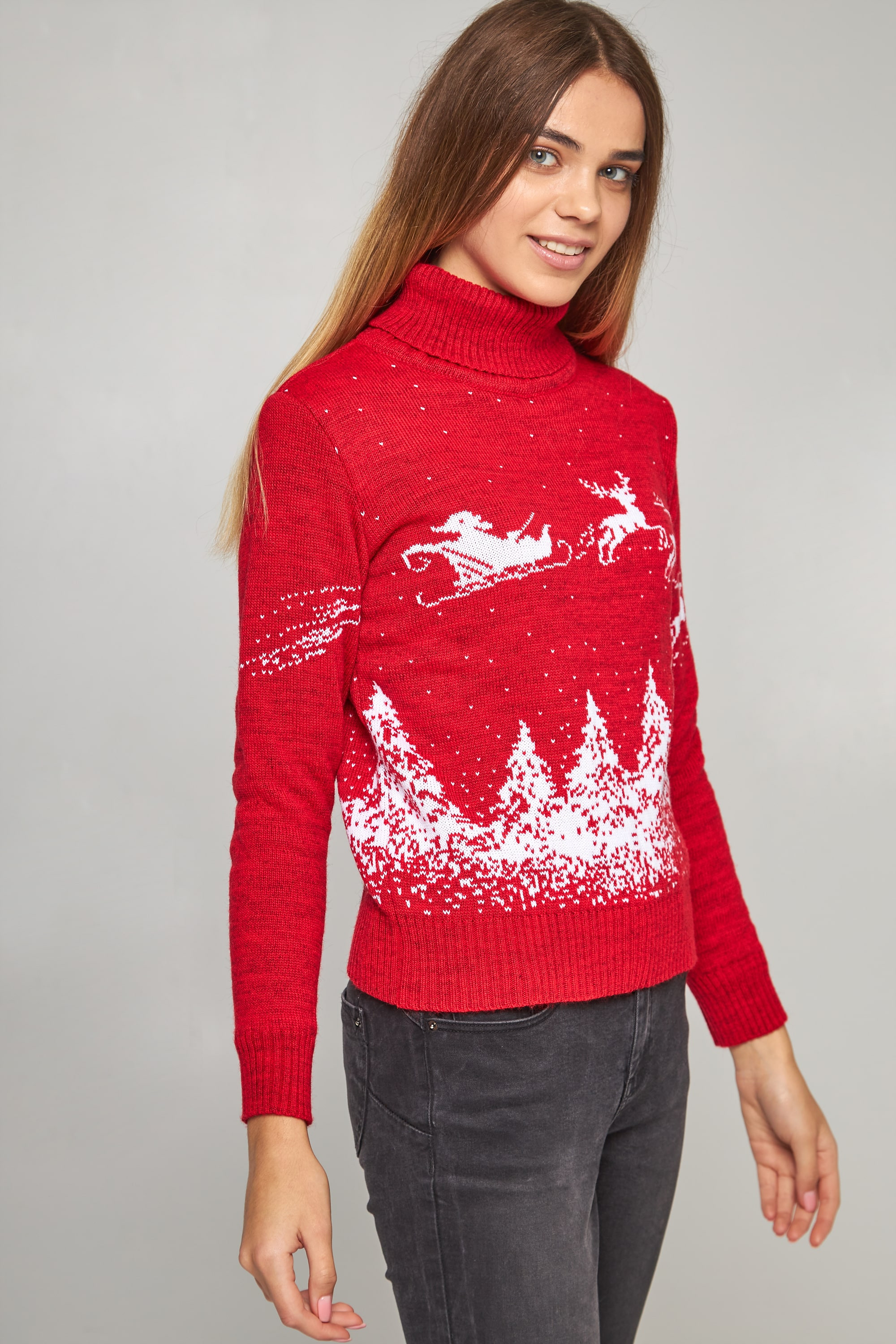 Women's New Year's knitted sweater Golf Santa Claus with deer red deer