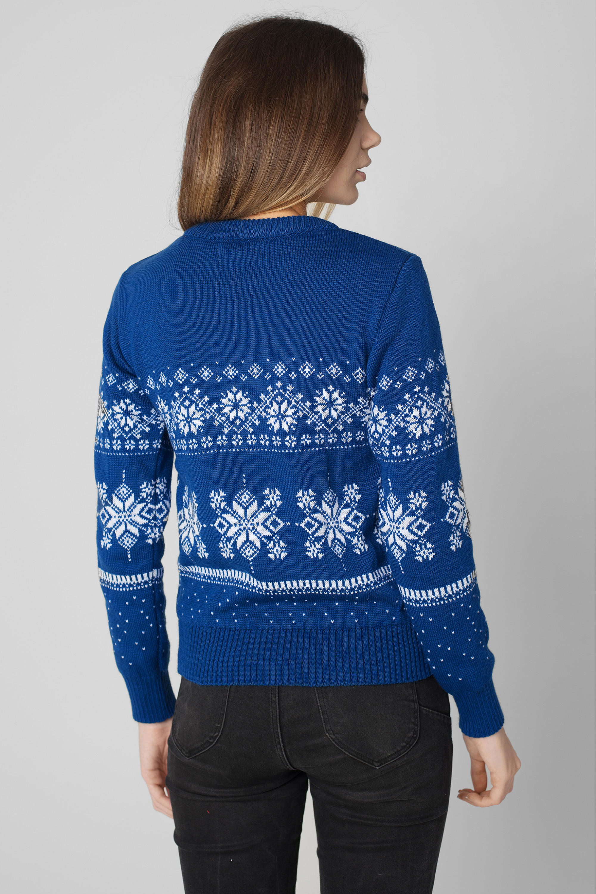 New Year's female knitted sweater Santa Claus with deer blue 2