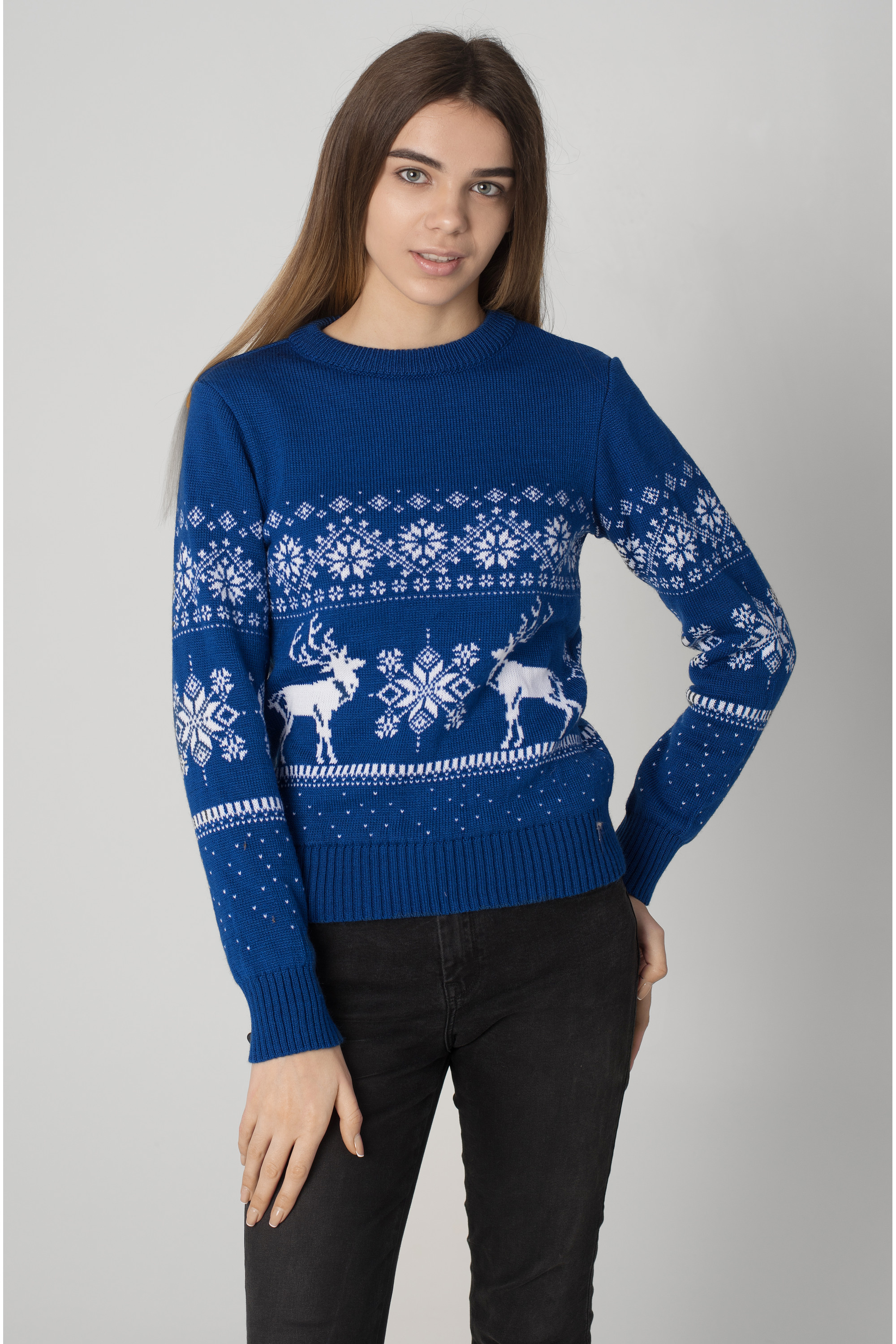 New Year's female knitted sweater Santa Claus with deer blue 2
