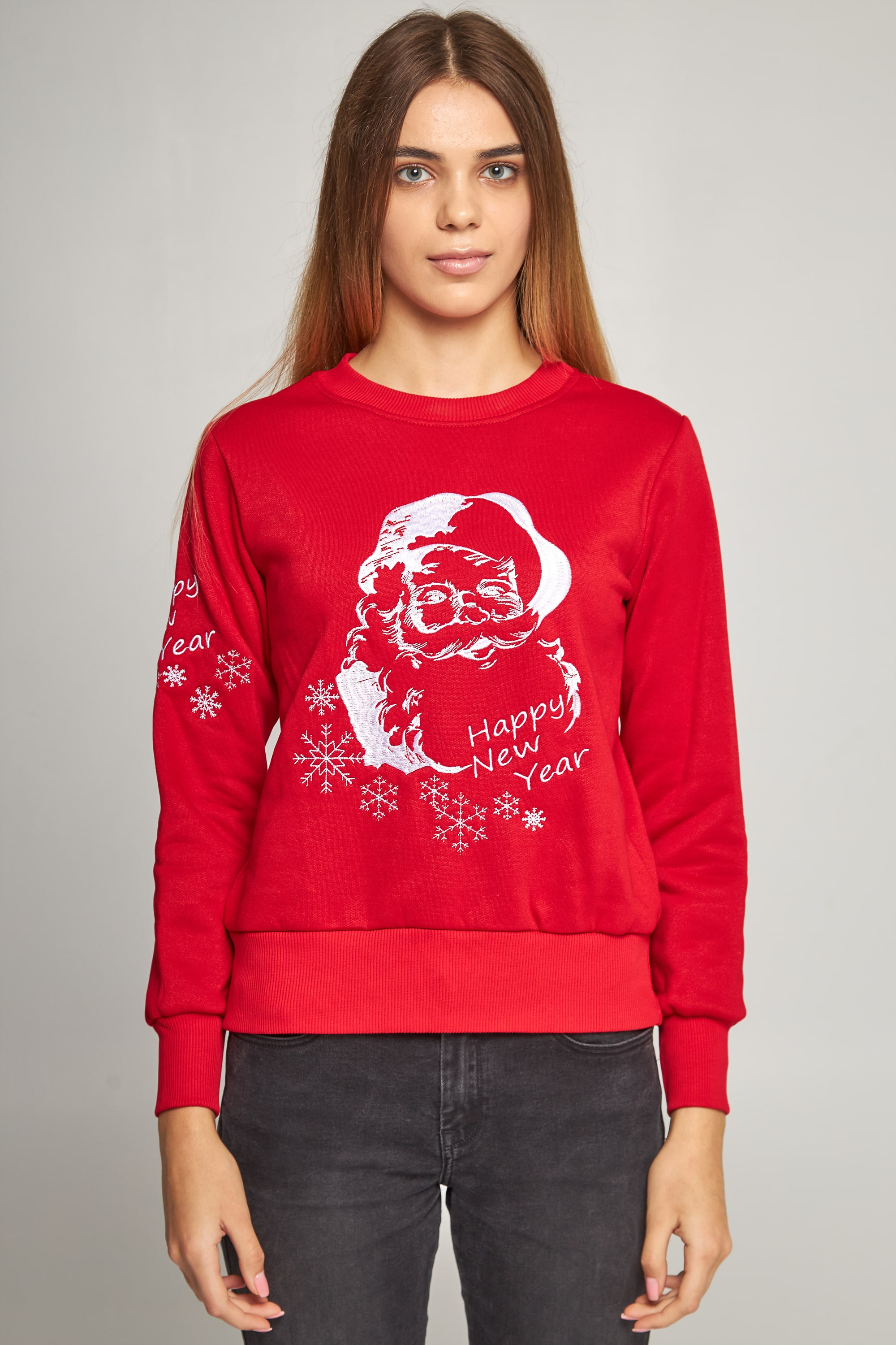 Women's New Year's embroidered sweatshirt Santa Claus Red