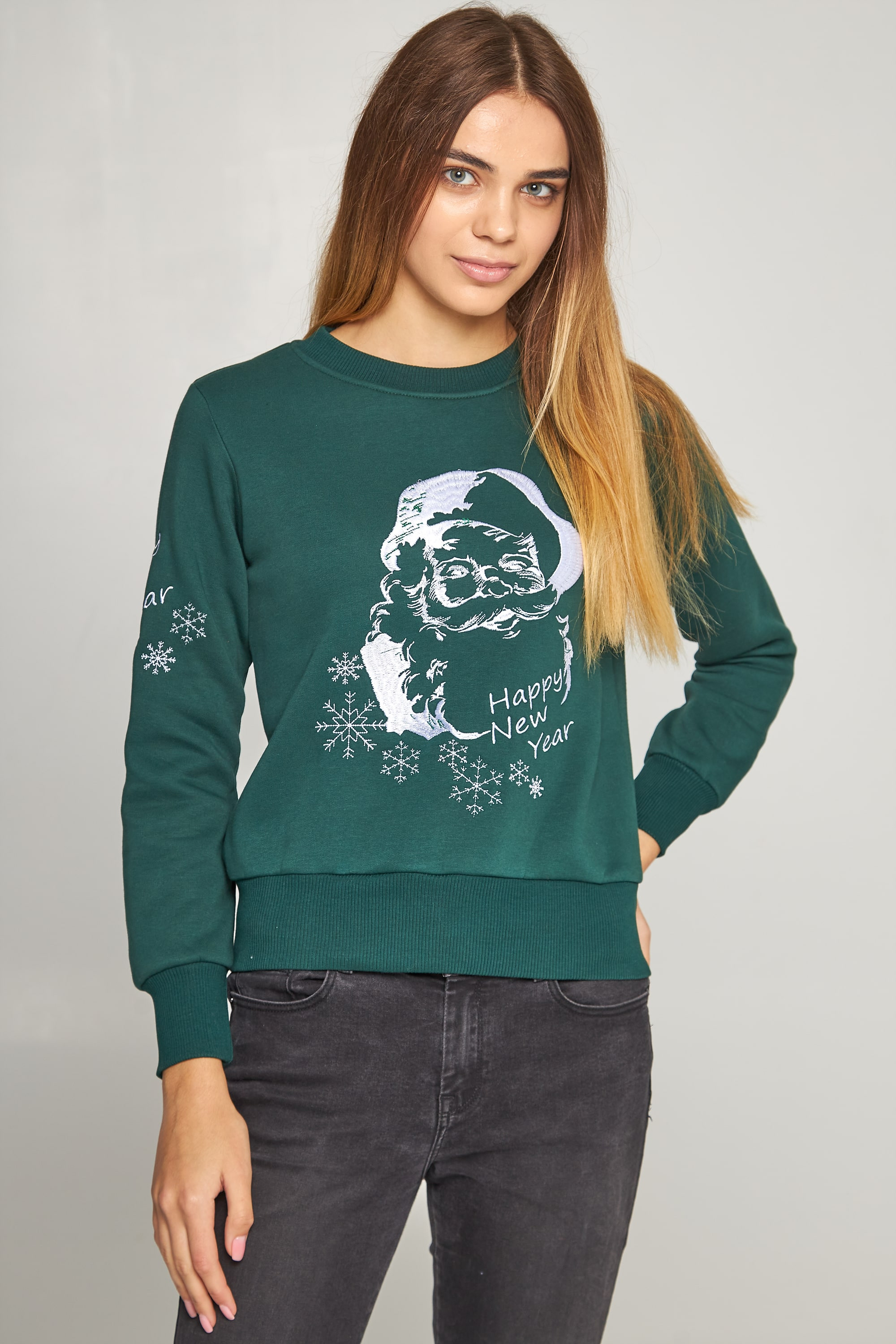 Women's New Year's embroidered sweatshirt Santa Claus Green