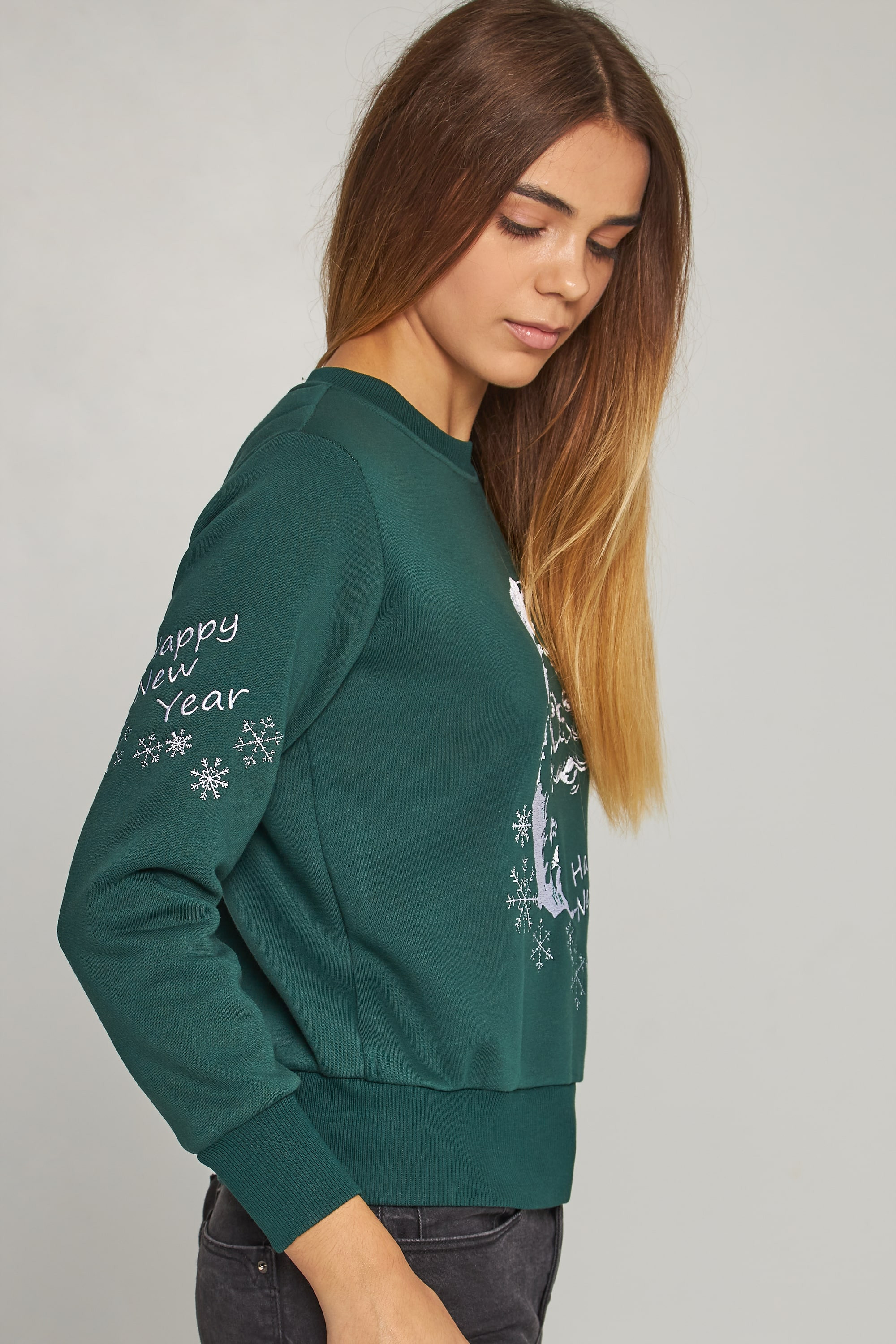 Women's New Year's embroidered sweatshirt Santa Claus Green